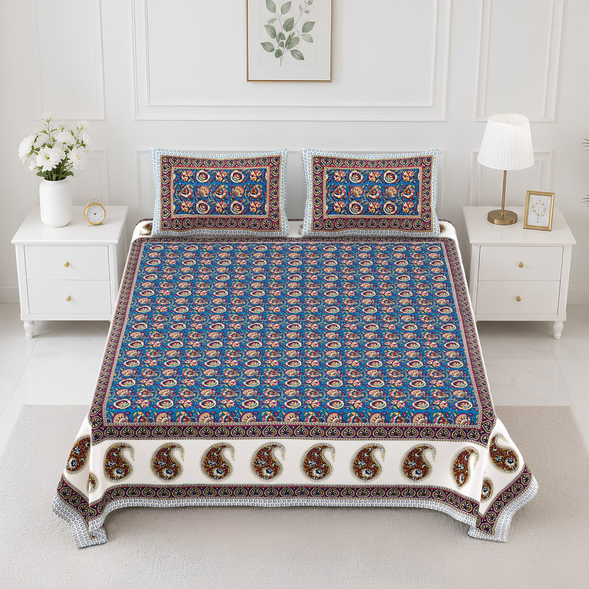Elite Blue Paisley Border Cotton Double Bedsheet 90x108 with 2 Pillow Covers Bedsheet 14b3CaXGG2hUnNS8iwv2KoB_bN75mJjUj_w2000