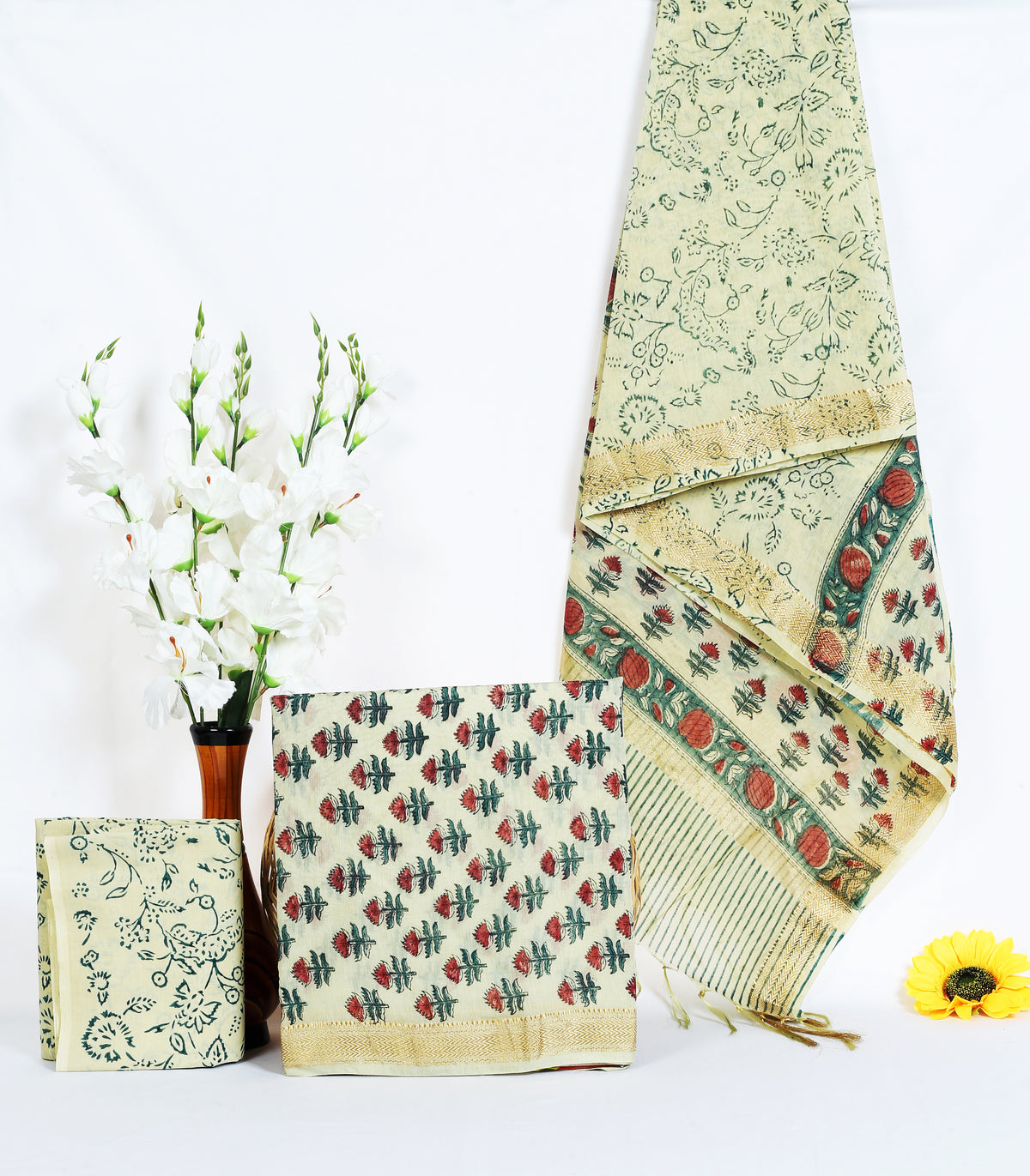 Kreem Buta ivory multi buta maheshwari silk hand block print suit material with zari border – wholesale Jaipur