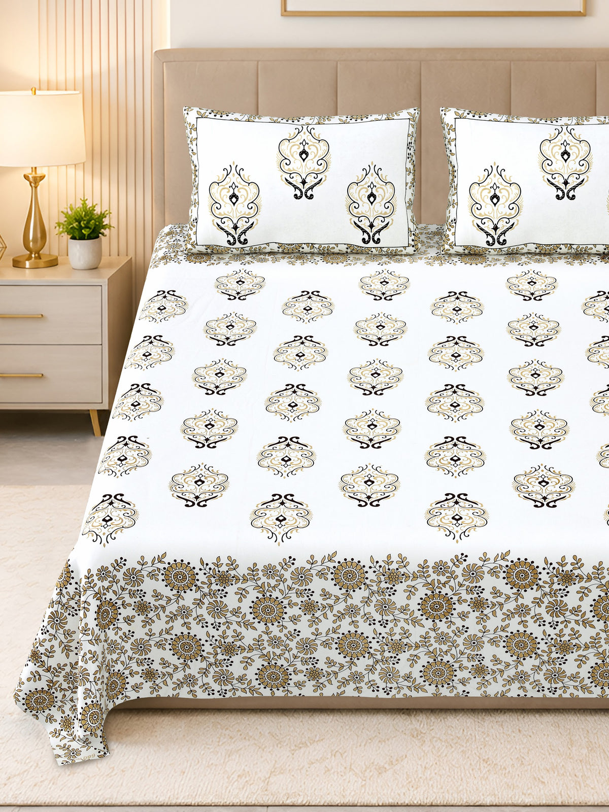 Kalashree Beige Paisley Border premium cotton double bedsheet 100x108 with 2 pillow covers – beige and brown – wholesale Jaipur