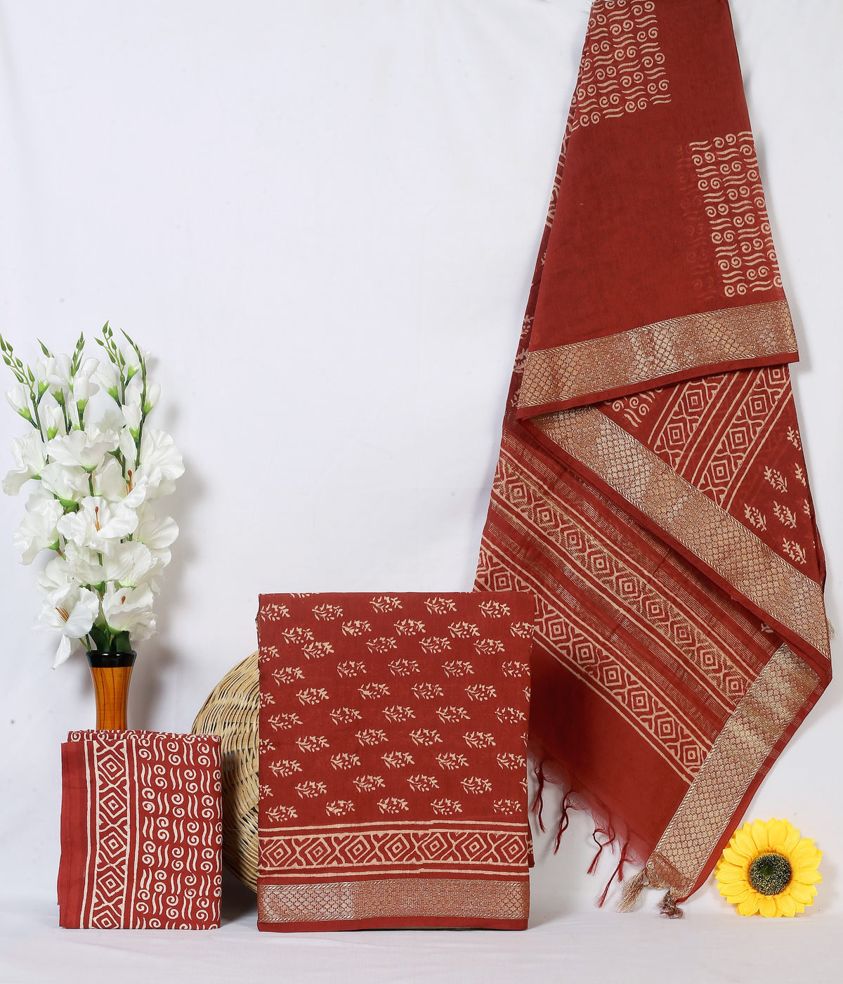 Maheshwari Silk Hand Block Print Suit Material | Gerua Buti – Rust Buti | Rust | Golden Zari Border | Wholesale Suit Material 14sbR1OAg8DZgoIIJXqnTnOAt_kut-CDC_w2000