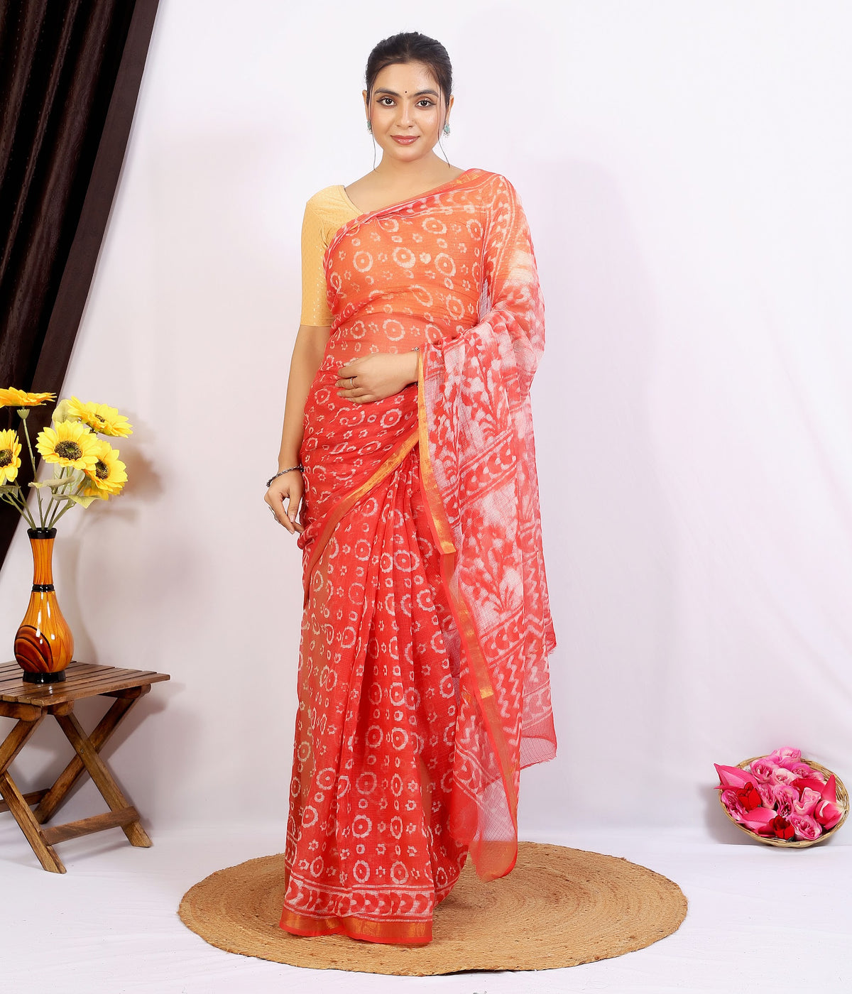 Orange Coral Jaal Kota Doria bagru hand block print saree with blouse – orange coral – wholesale Jaipur – view 4