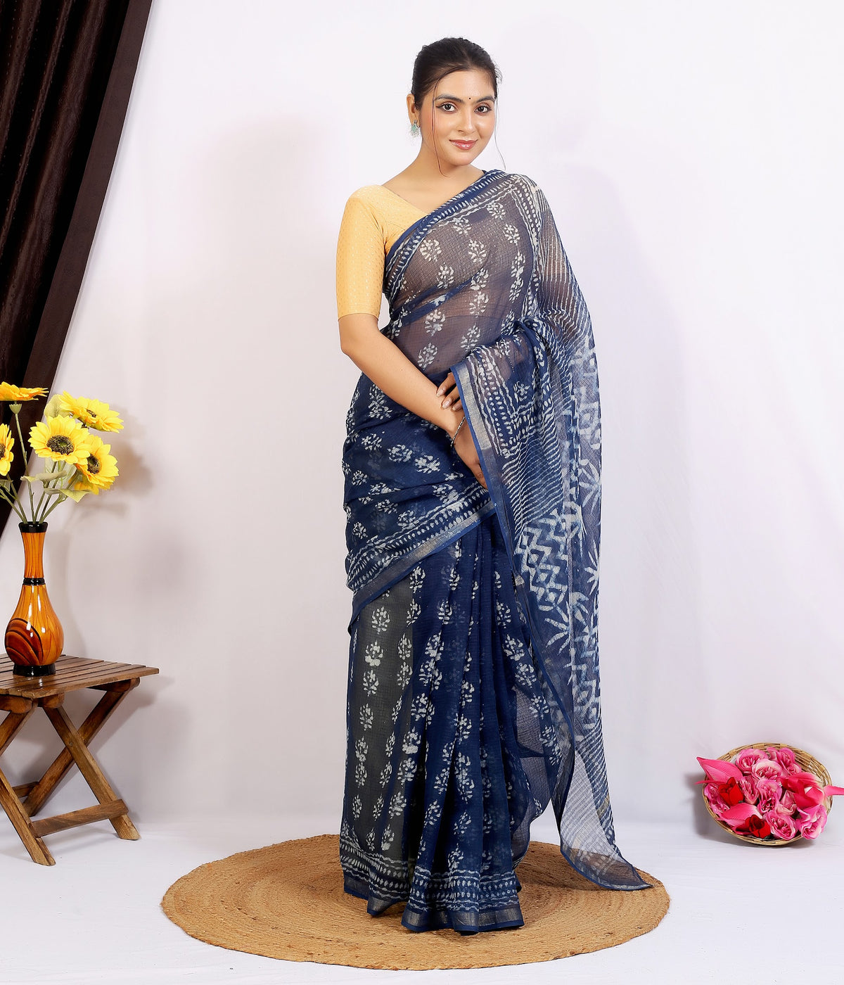 Indigo Phool Stripe Dabu Kota Doria dabu hand block print saree with blouse – indigo blue – wholesale Jaipur – view 6