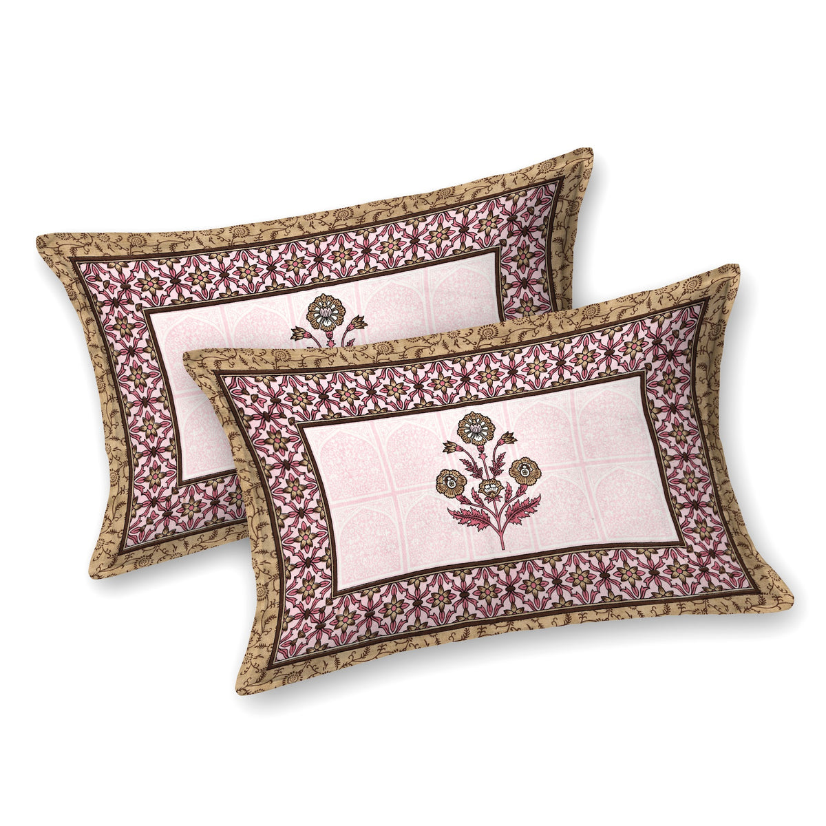Kalashree Pink Mughal Panel premium cotton double bedsheet 100x108 with 2 pillow covers – pink and brown – wholesale Jaipur – view 2