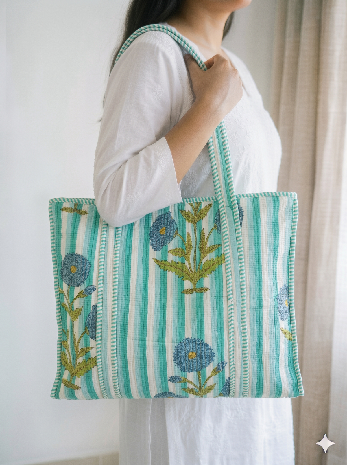 Jaipuri Printed Quilted Cotton Tote Bag | Pudina Dhaari Phool – Aqua Stripe Floral | 18x18 inch | Zipper & Inside Pocket | Wholesale Tote Bag 15h4DIAcztUeS0b-YX1NKPCTisfcgFfxH_w2000