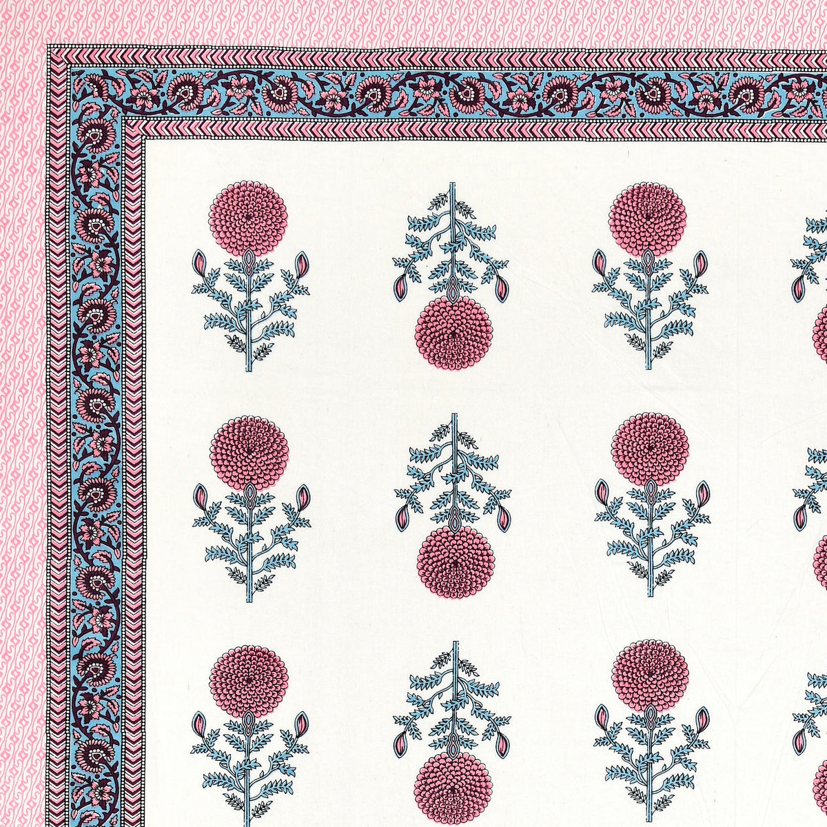 Elora Pink Teal Marigold Buta Murugan cotton single bedsheet 60x90 with pillow cover – pink and teal – wholesale Jaipur – view 3