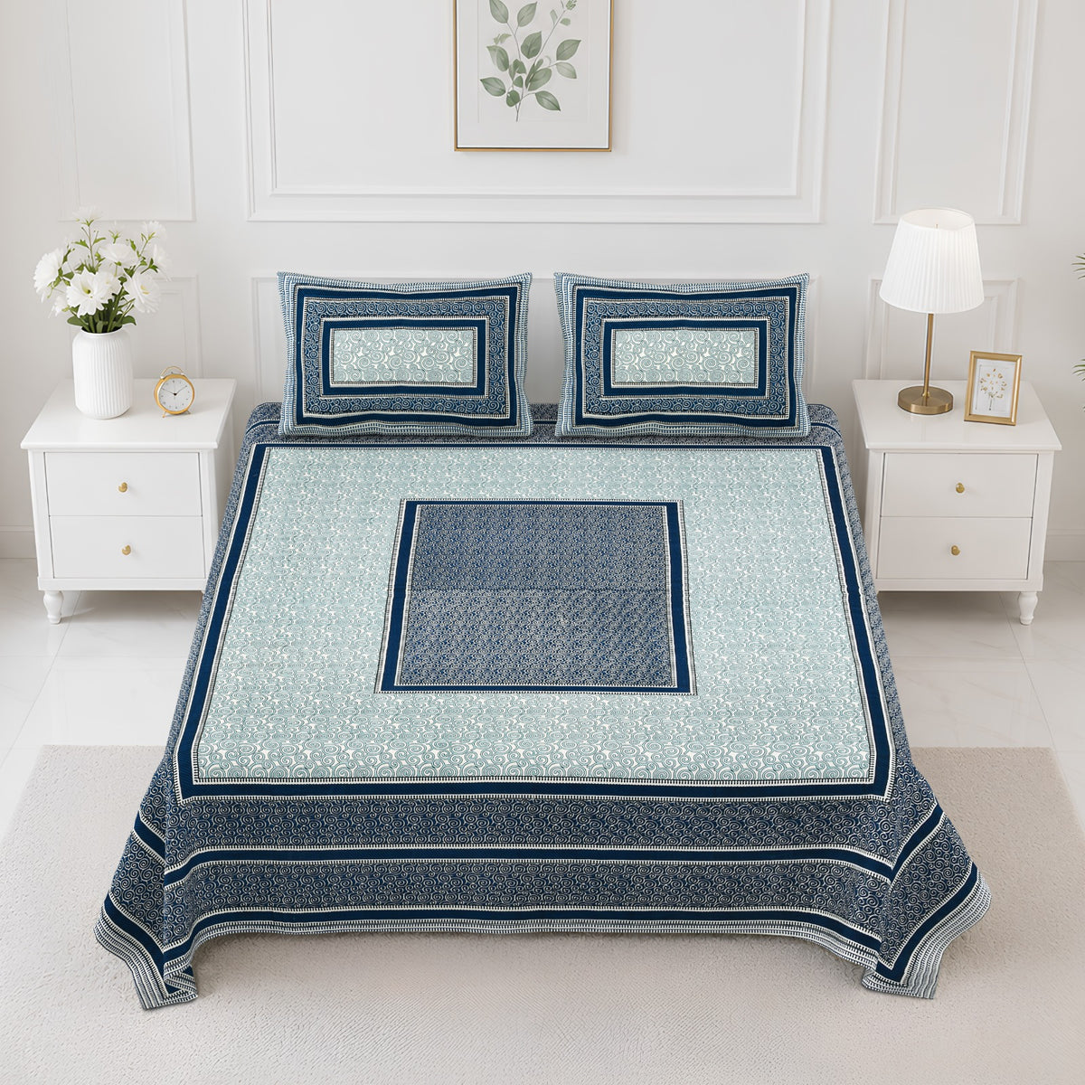 Elite Grey Blue Centre Square Cotton Double Bedsheet 90x108 with 2 Pillow Covers Bedsheet 15y1mRCcn5AEn9Rn30XTncoRyz5R1gQPc_w2000