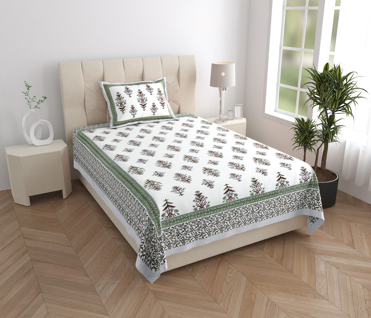 Elora Green Border Mughal Buta Murugan cotton single bedsheet 60x90 with pillow cover – green – wholesale Jaipur – view 5