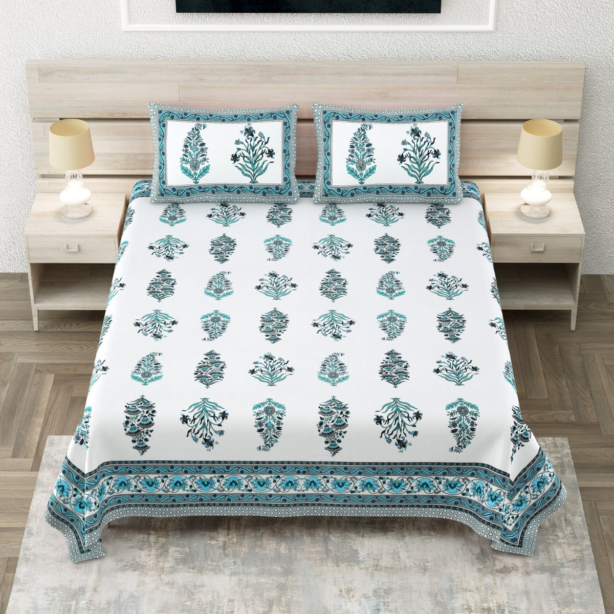 Avantika Teal Floral Buta Cotton King Bedsheet 108x108 With 2 Pillow Covers Bedsheet 15zpZrszbvrPA20TdMd-Di_yOAAMKD6Om_w2000