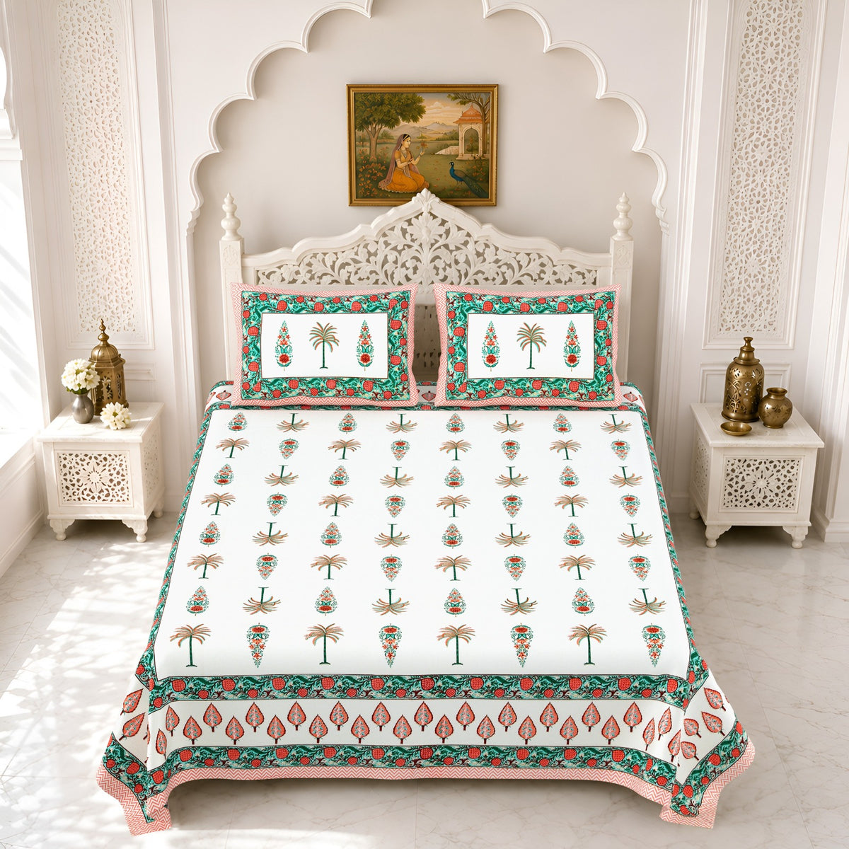Premium Royal Block Green Pink Palm Tree Cotton Double Bedsheet 90x108 with 2 Pillow Covers Bedsheet 16-2yjdjU8xlkuFCKvE0SD-HTh8rgLfyi_w2000