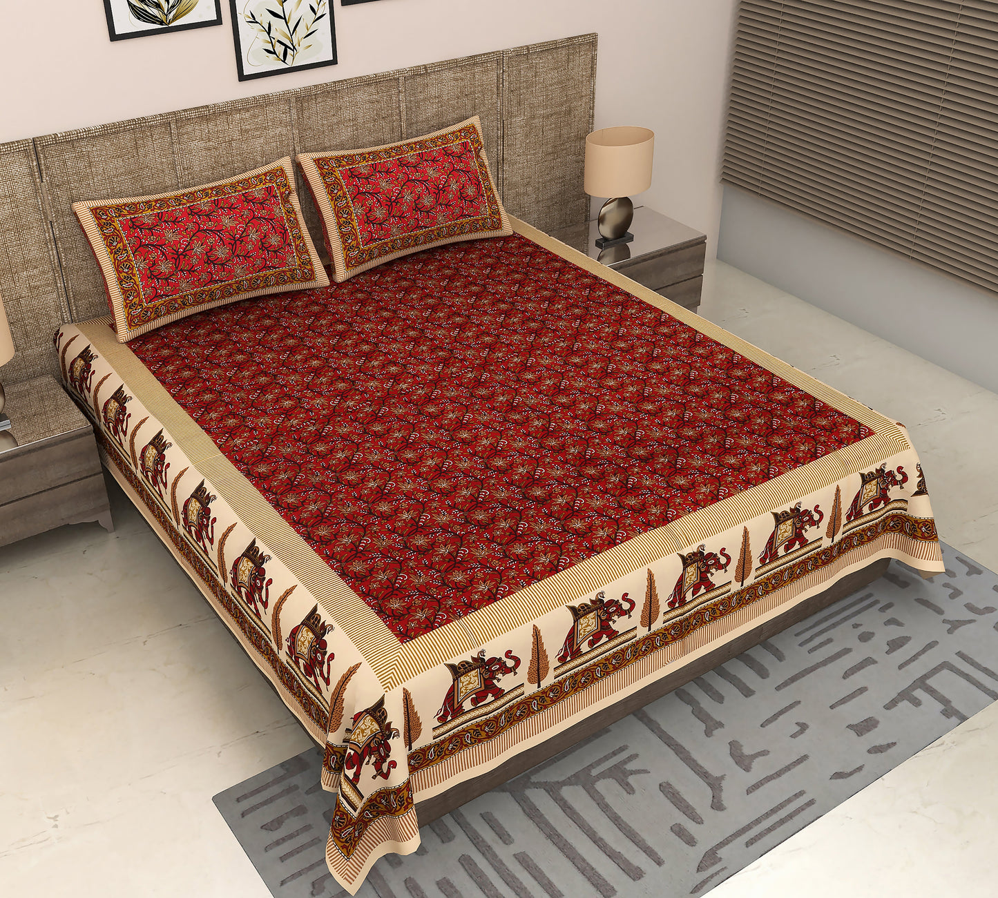 Jaipuri Kalamkari Red Floral Elephant King Size Bedsheet