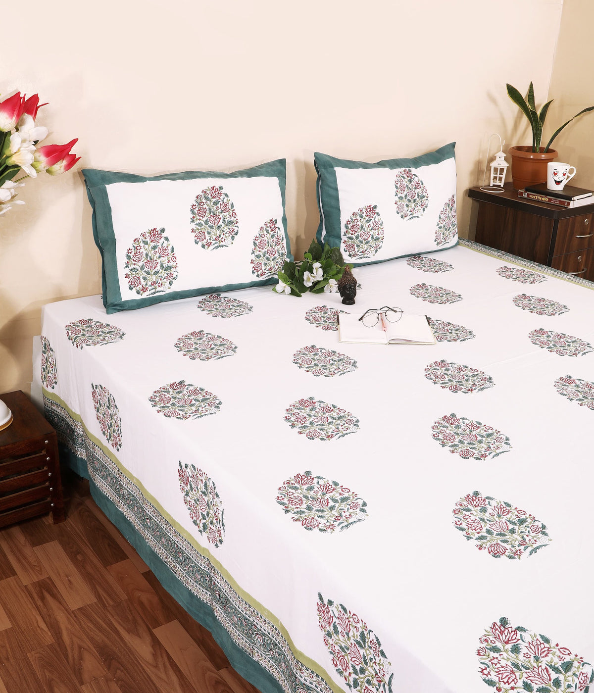 Teal Border Guldasta hand block printed Murugan cotton double bedsheet 95x108 with 2 pillow covers – pink, grey and teal – wholesale Jaipur – view 3