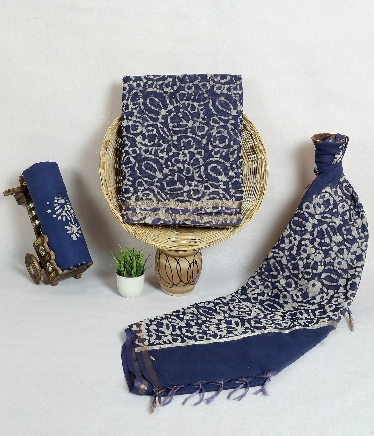 Raat Kairi Jaal Navy Paisley Jaal Chanderi silk hand block print suit material