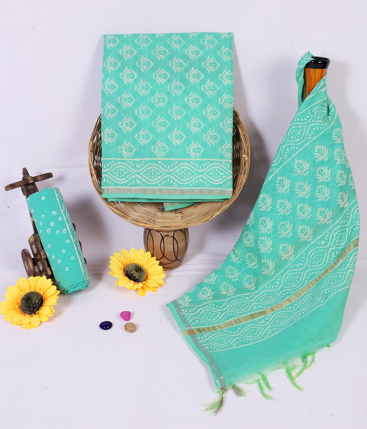 Firozi Buta Turquoise Buta Chanderi silk hand block print suit material