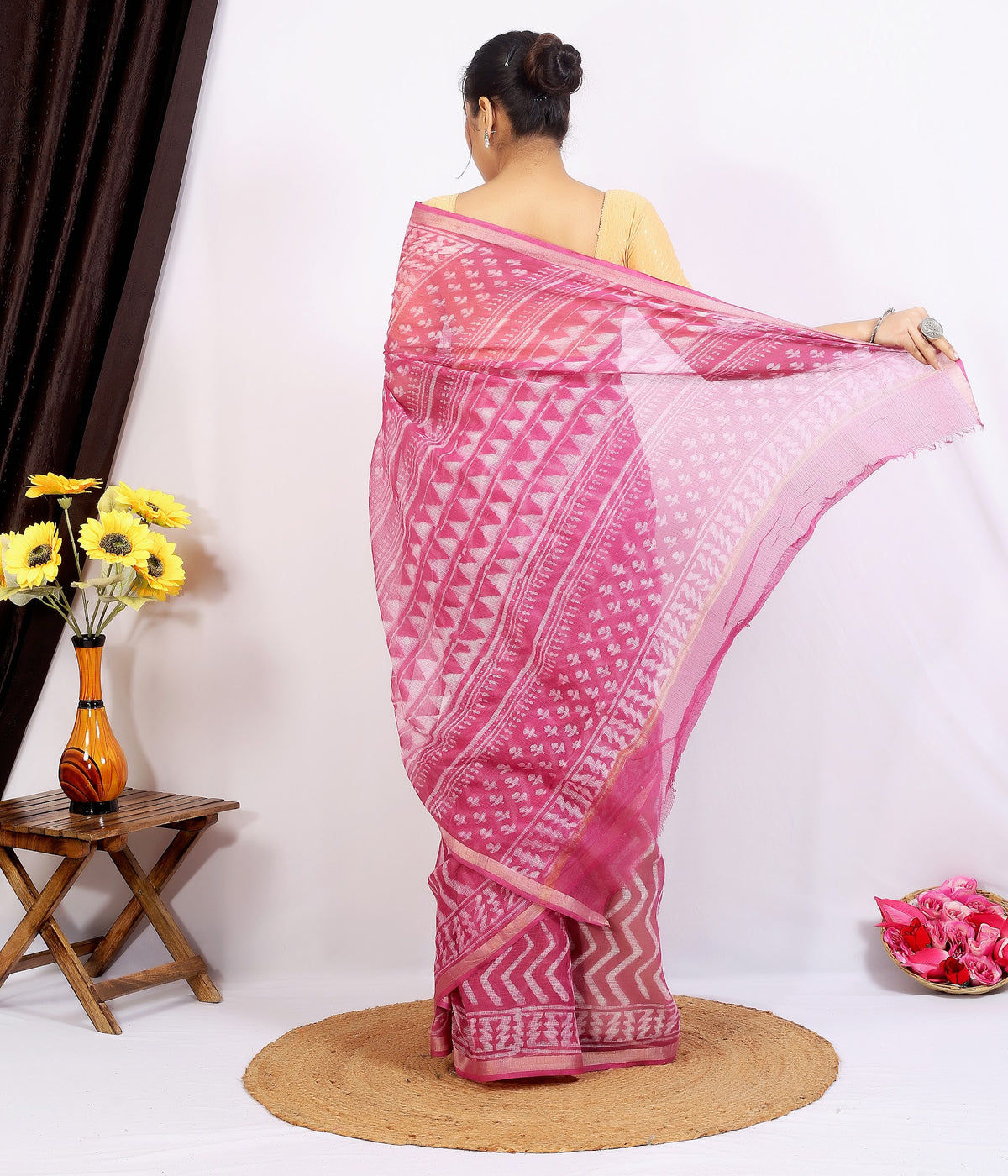 Pink Floral Buta Kota Doria bagru hand block print saree with blouse – pink – wholesale Jaipur – view 4