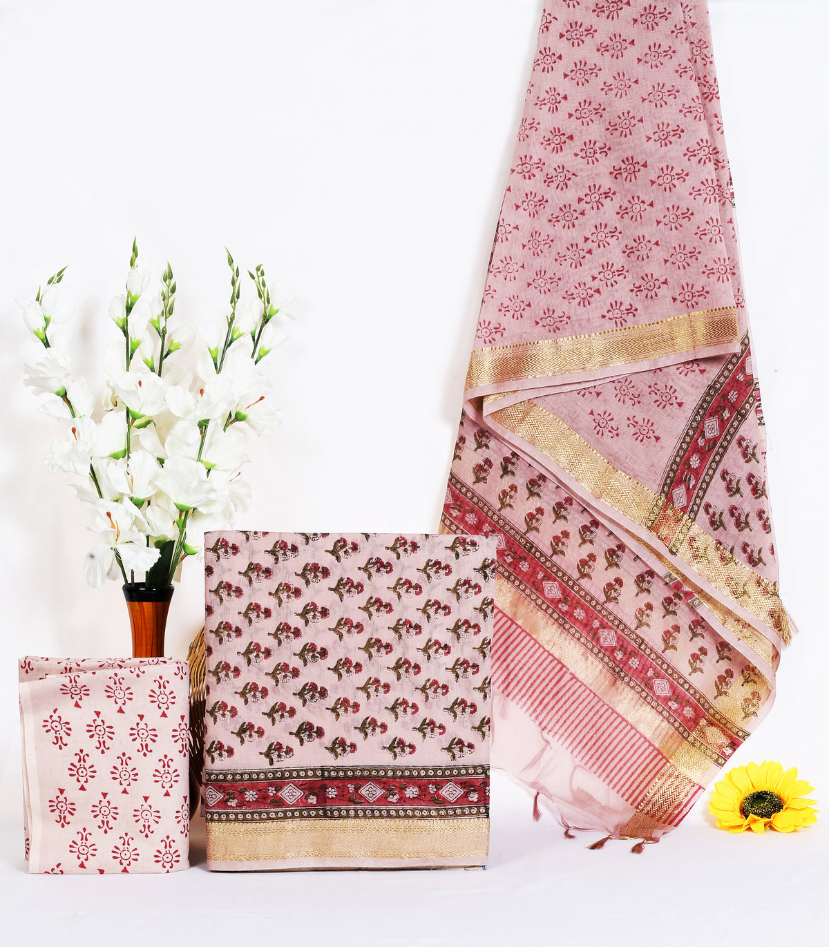 Gulabi Buti blush pink buti maheshwari silk hand block print suit material with zari border – wholesale Jaipur