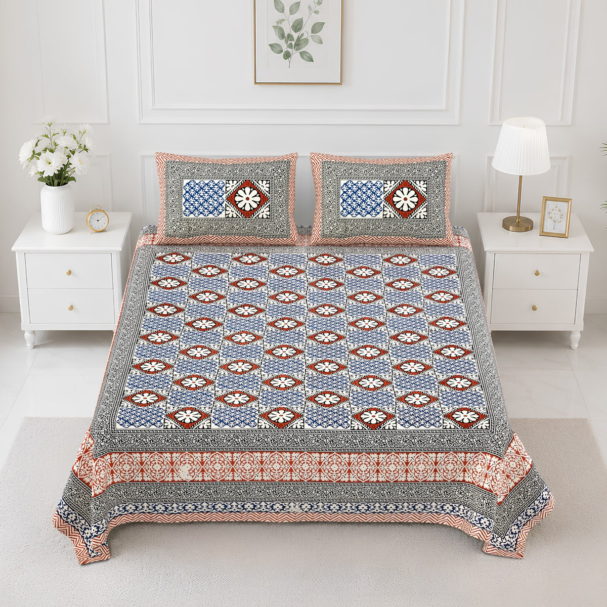 Elite Blue Diamond Medallion Cotton Double Bedsheet 90x108 with 2 Pillow Covers Bedsheet 16Sw_WSsUzv_Q2It0ZBvMR-l0MWnnxwUW_w2000
