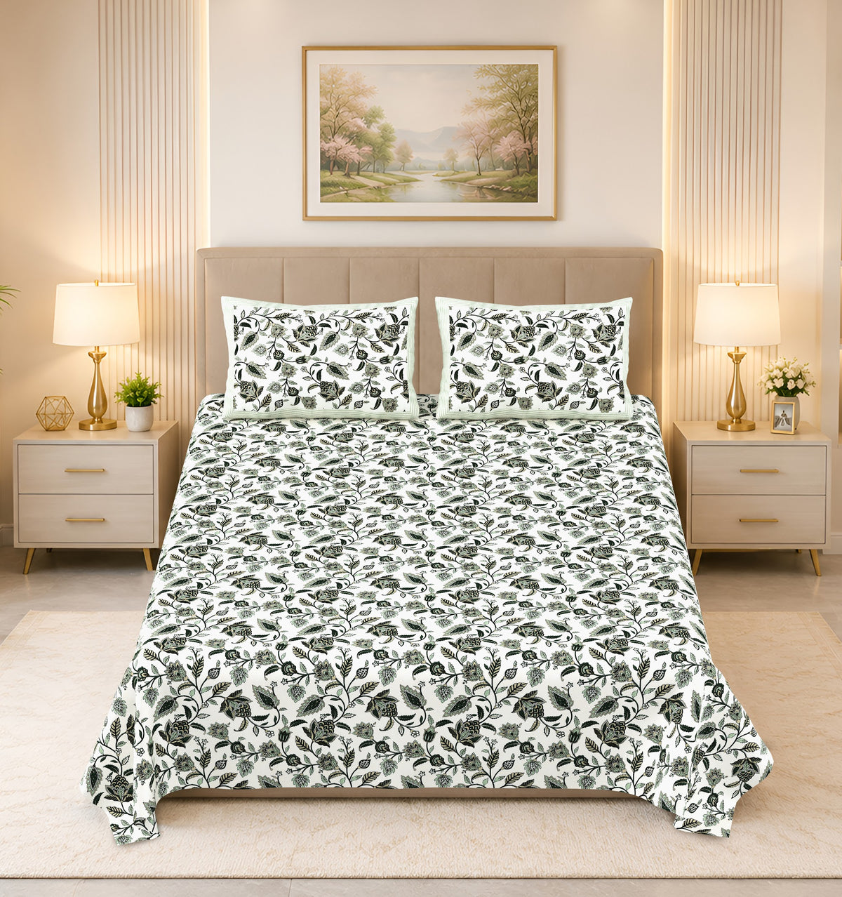 Kalashree Black Floral Jaal premium cotton double bedsheet 100x108 with 2 pillow covers – black – wholesale Jaipur