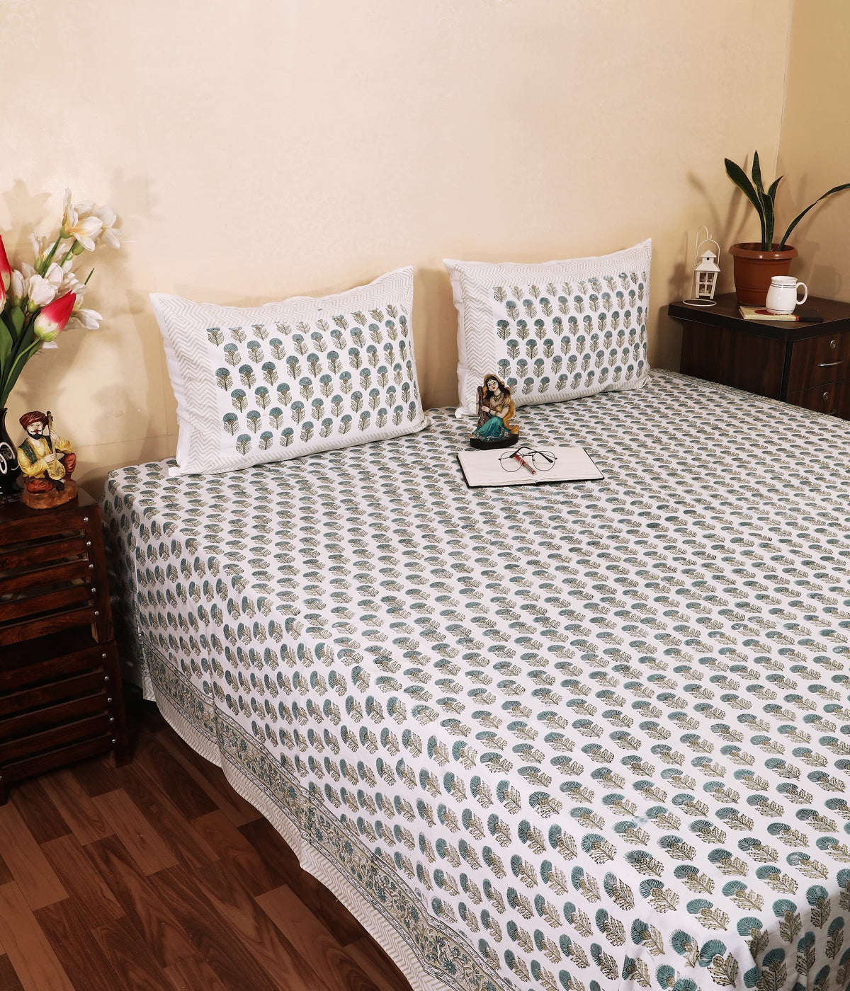 Sage Leaf Booti hand block printed Murugan cotton double bedsheet 95x108 with 2 pillow covers – grey and sage – wholesale Jaipur