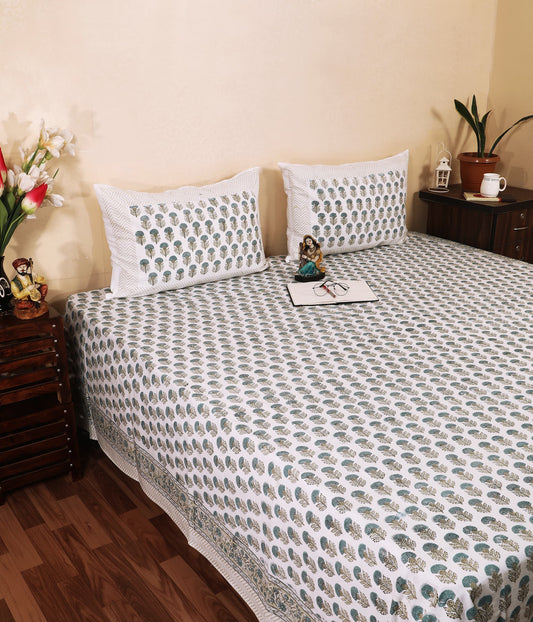 Sage Leaf Booti Hand Block Printed Murugan Cotton Double Bedsheet 95x108 with 2 Pillow Covers Bedsheet 16XiJxkIIzidlSbORBsgq0mbKhMNMaHy0_w2000