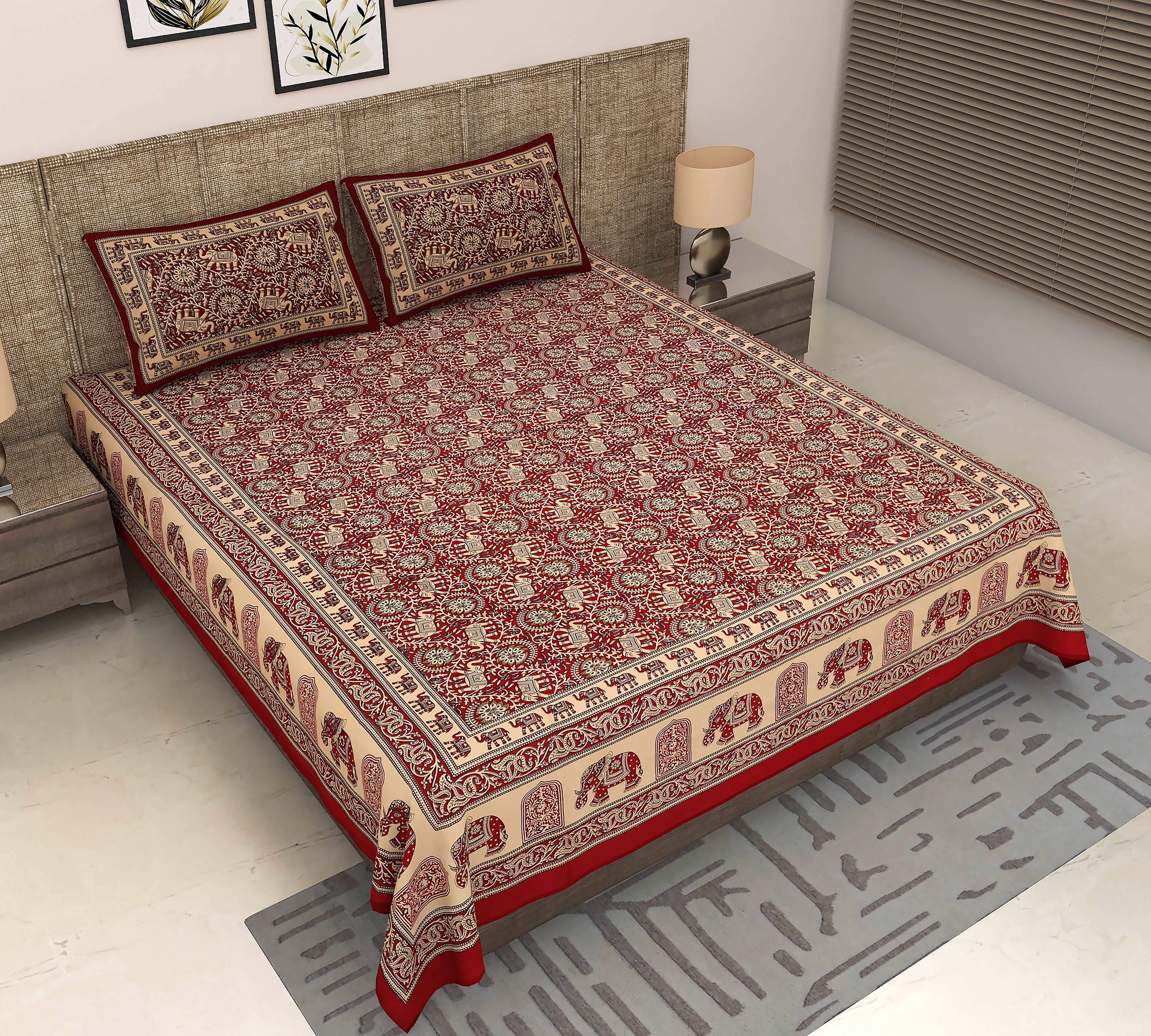 Jaipuri Elephant Parade: King Size Cotton Bedsheet with Maroon Geometric Print