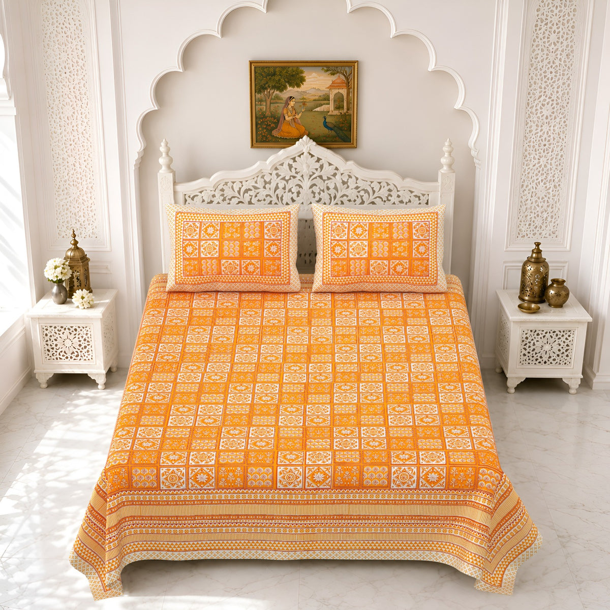 Premium Royal Block Orange Check Cotton Double Bedsheet 90x108 with 2 Pillow Covers Bedsheet 16_UgZi-DWNU1v0wh0BE_5w2Z8NTw7SZq_w2000