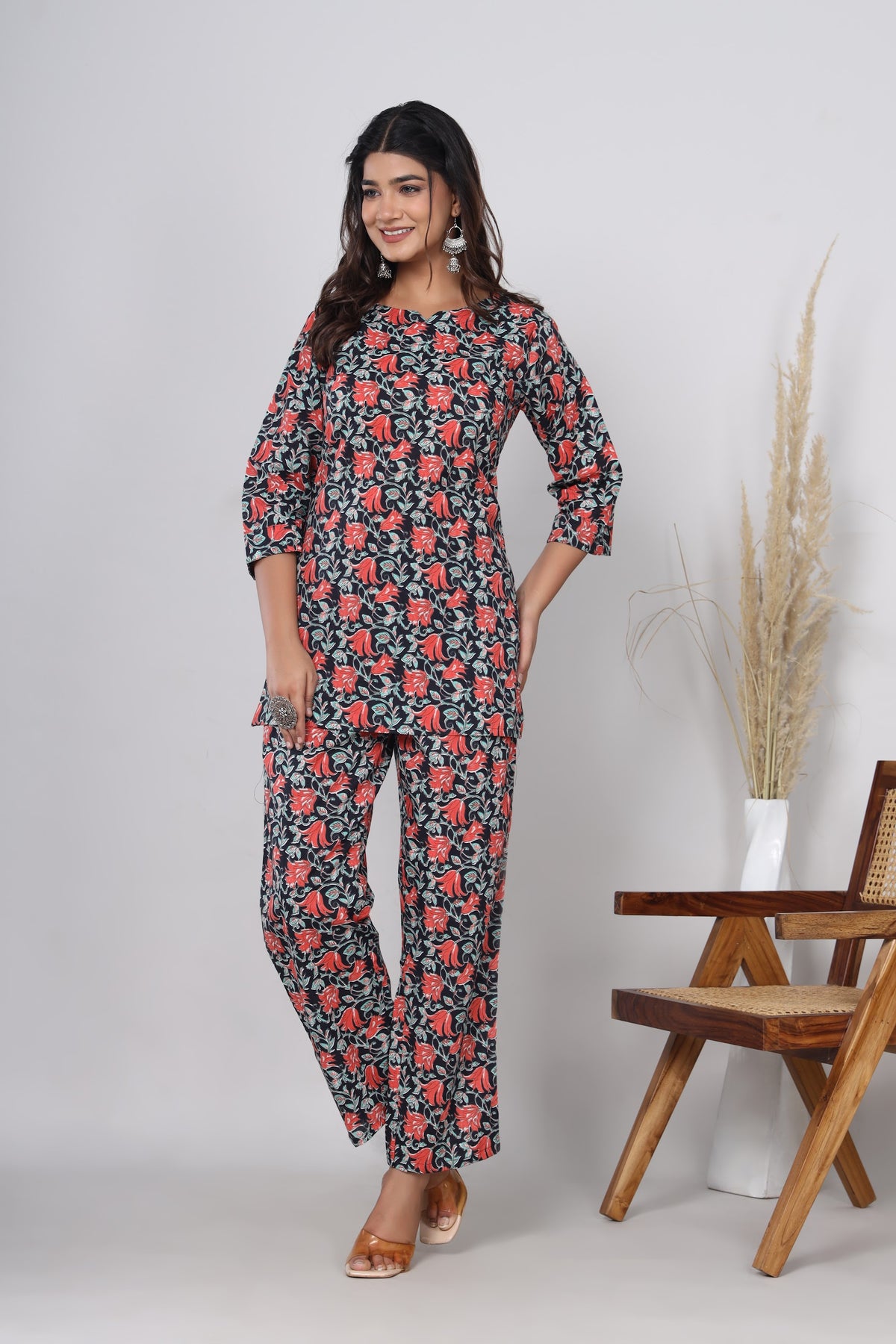 Maroon Black Floral printed co-ord set – make to order wholesale – view 3