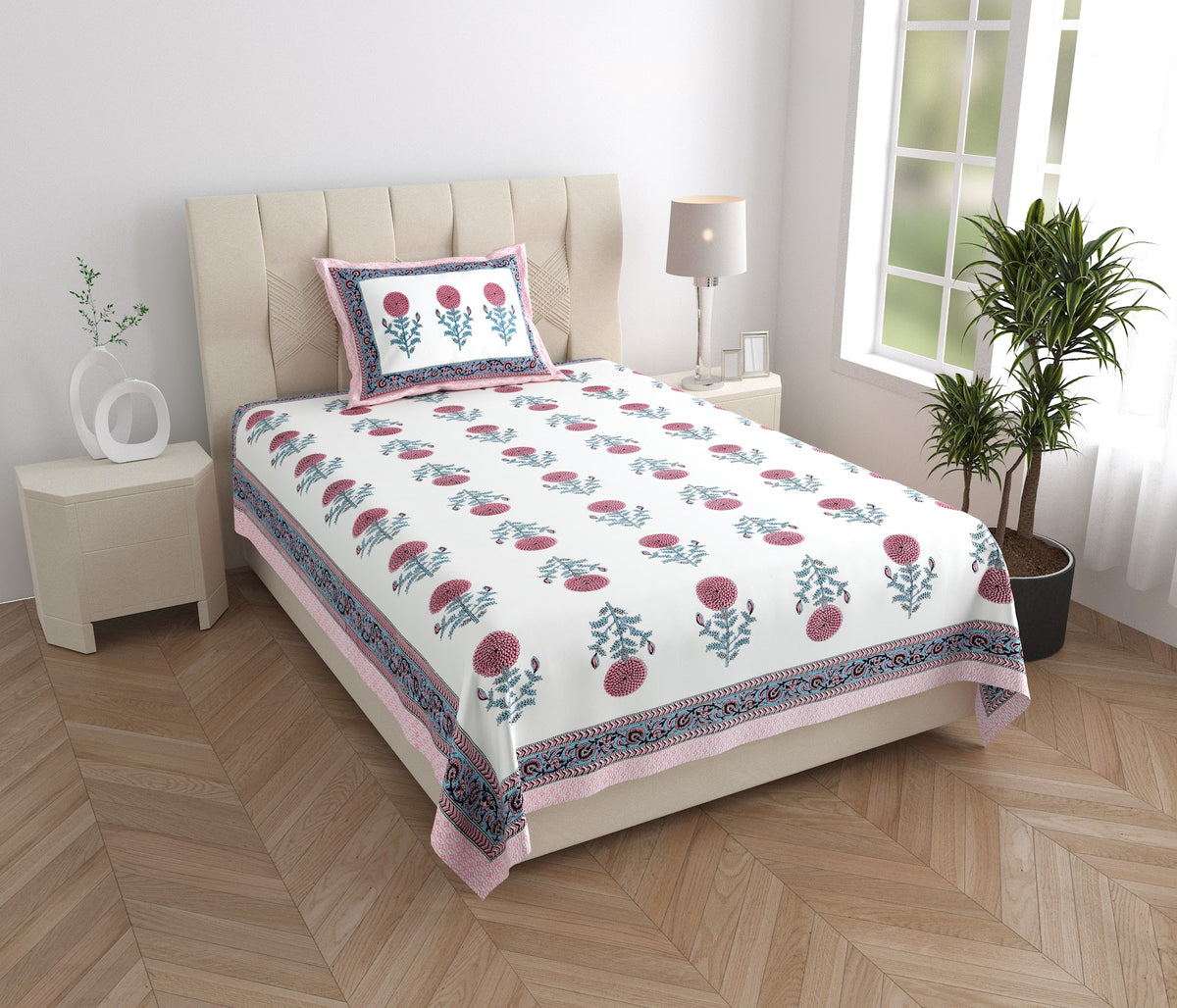 Elora Pink Teal Marigold Buta Murugan cotton single bedsheet 60x90 with pillow cover – pink and teal – wholesale Jaipur – view 5