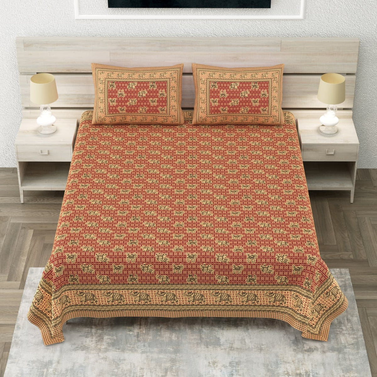 Royal Sanganer Orange Red Bagru Jaal Pure Cotton Double Bedsheet 90x108 with 2 Pillow Covers Bedsheet 16o1u7qN4aFmyqL8mj1AwZREN_gT3vUUO_w2000