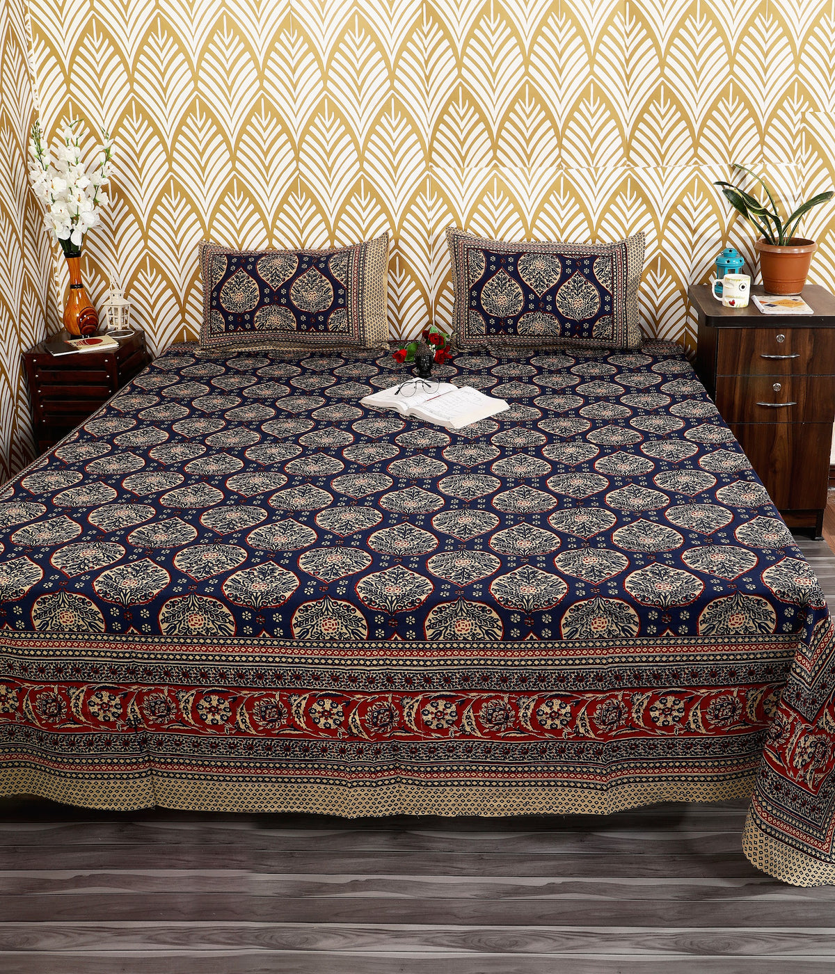 Bagru Mahal Navy Mughal Medallion Cotton King Size Bedsheet 108x108 with 2 Pillow Covers Bedsheet 16wtJsoVDUasIxabvDw73d8N7NA7oruCv_w2000