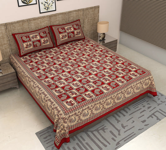 Royal Jaipuri Chokda: King Size Bedsheet with Elephant & Peacock Print in Vibrant Red