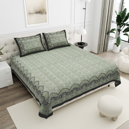 Haveli Olive Sage Damask Cotton Double Bedsheet 90x108 with 2 Pillow Covers Bedsheet 176_r9yqK3l8jNzjsIR_UDuOMjMBvvL9Y_w2000
