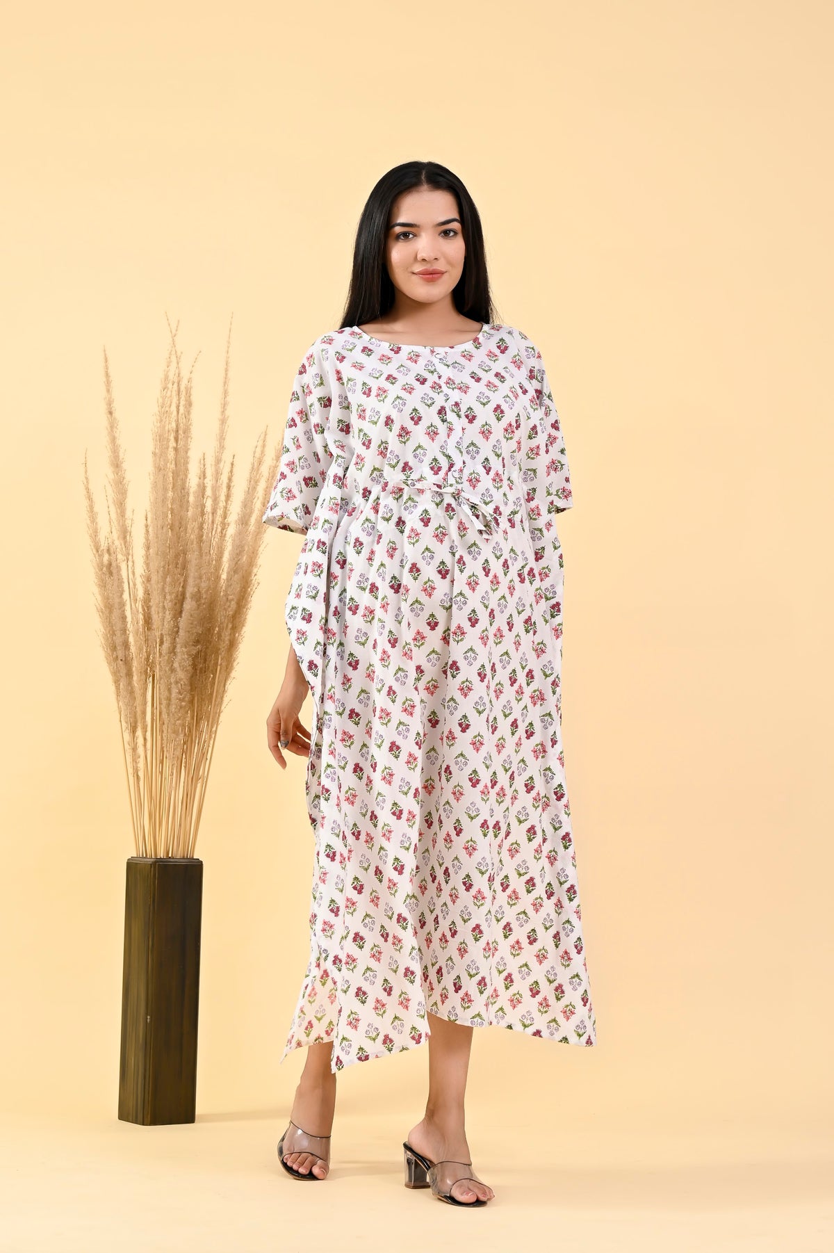 White Pink Booti long kaftan – make to order wholesale – view 4