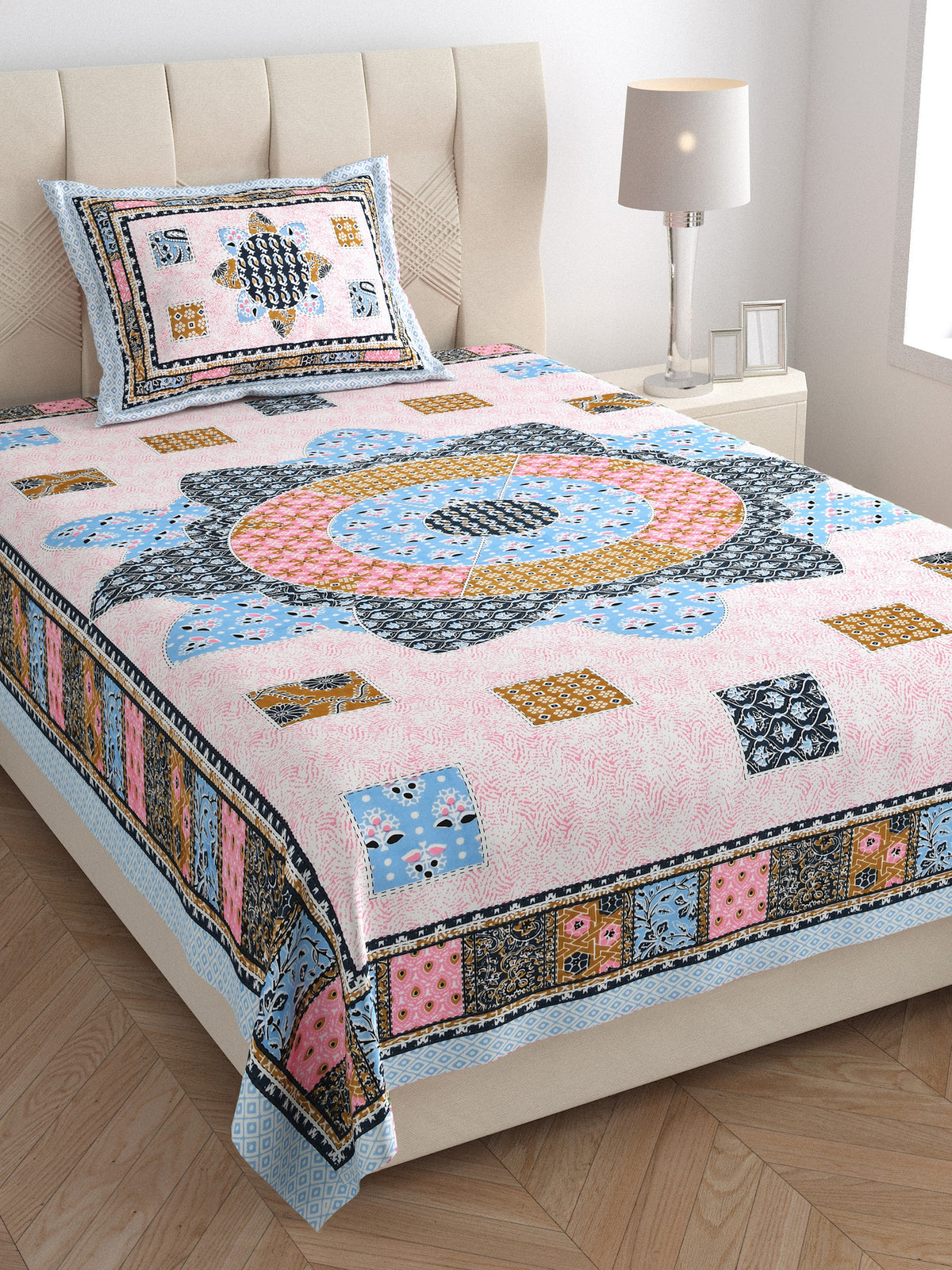 Elora Pink Blue Patchwork Medallion Murugan cotton single bedsheet 60x90 with pillow cover – pink and blue – wholesale Jaipur