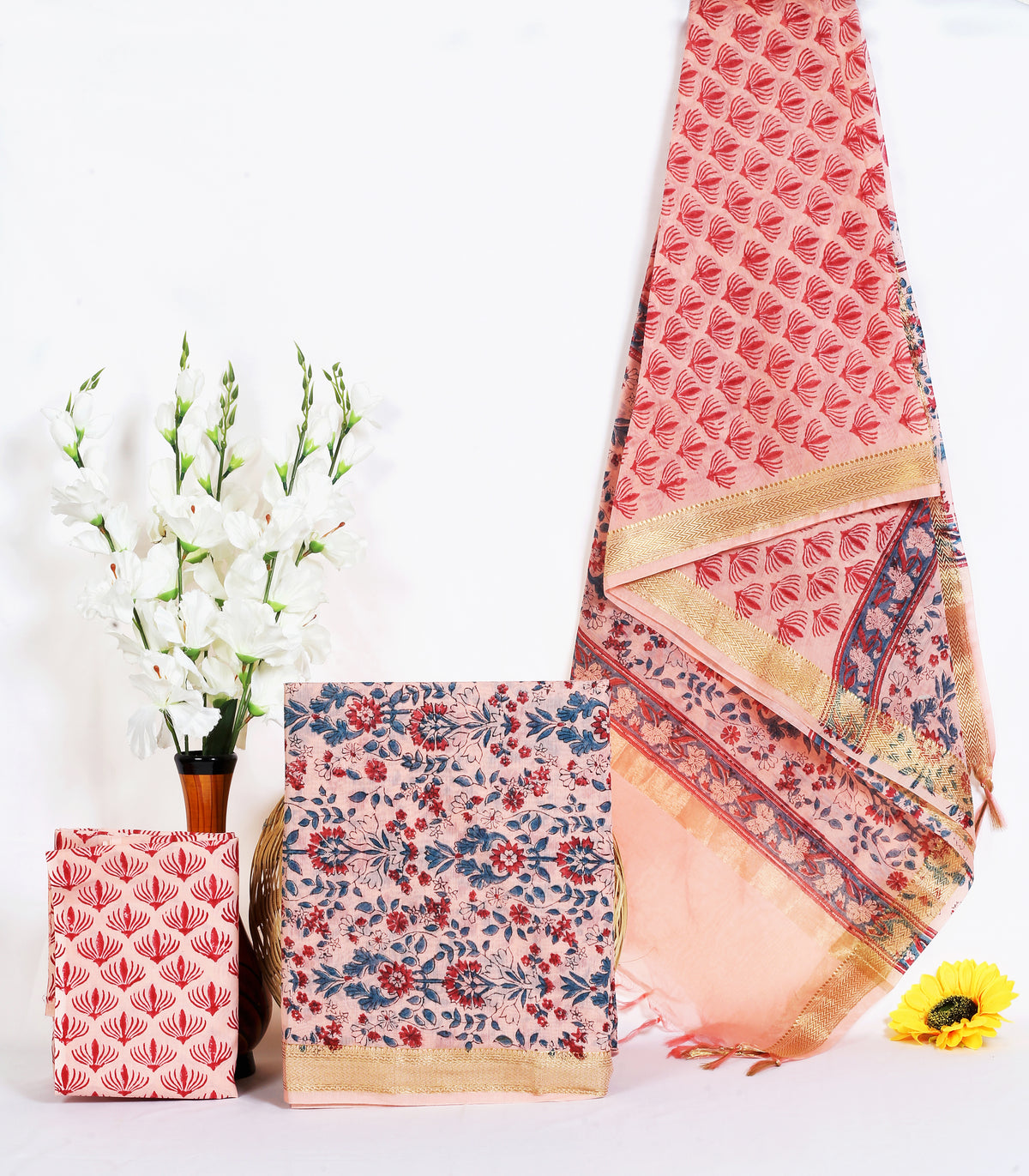 Aadoo Buti peach multi buti maheshwari silk hand block print suit material with zari border – wholesale Jaipur