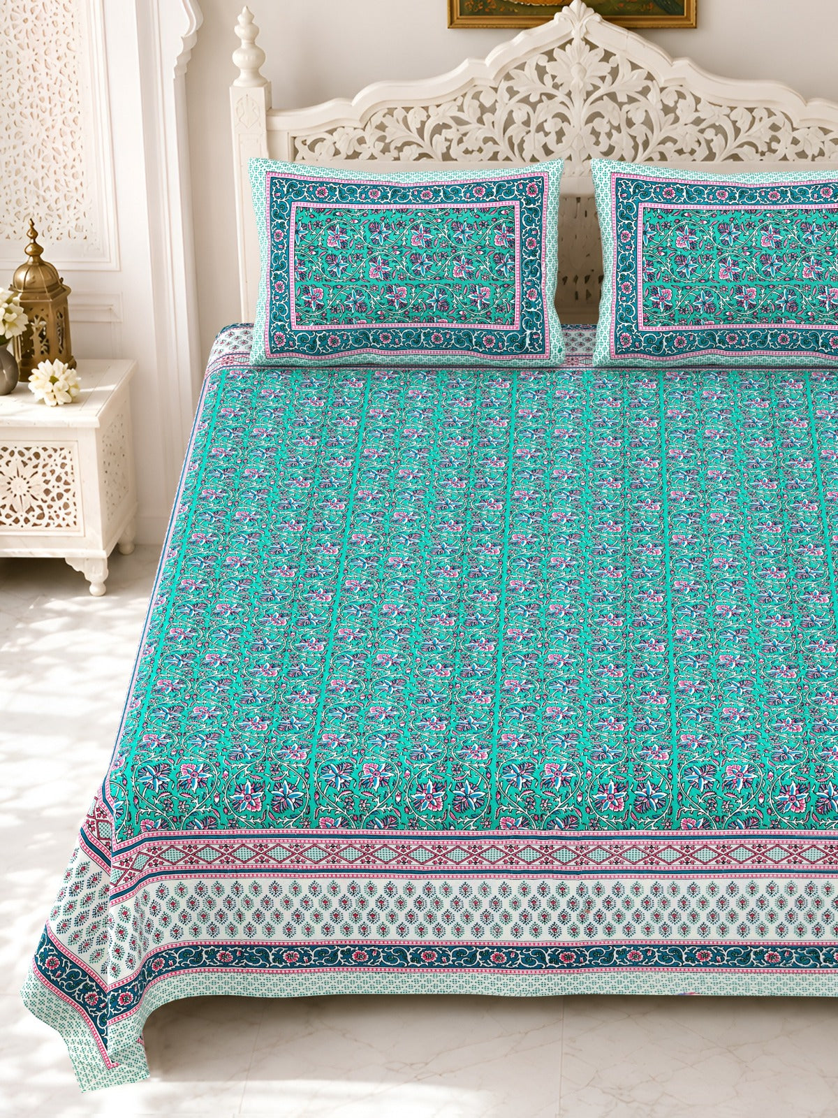 Premium Royal Block Aqua Floral Border Cotton Double Bedsheet 90x108 with 2 Pillow Covers Bedsheet 17vM0j7K78IYcwK7c7C3H8WQhQv6Naf_f_w2000