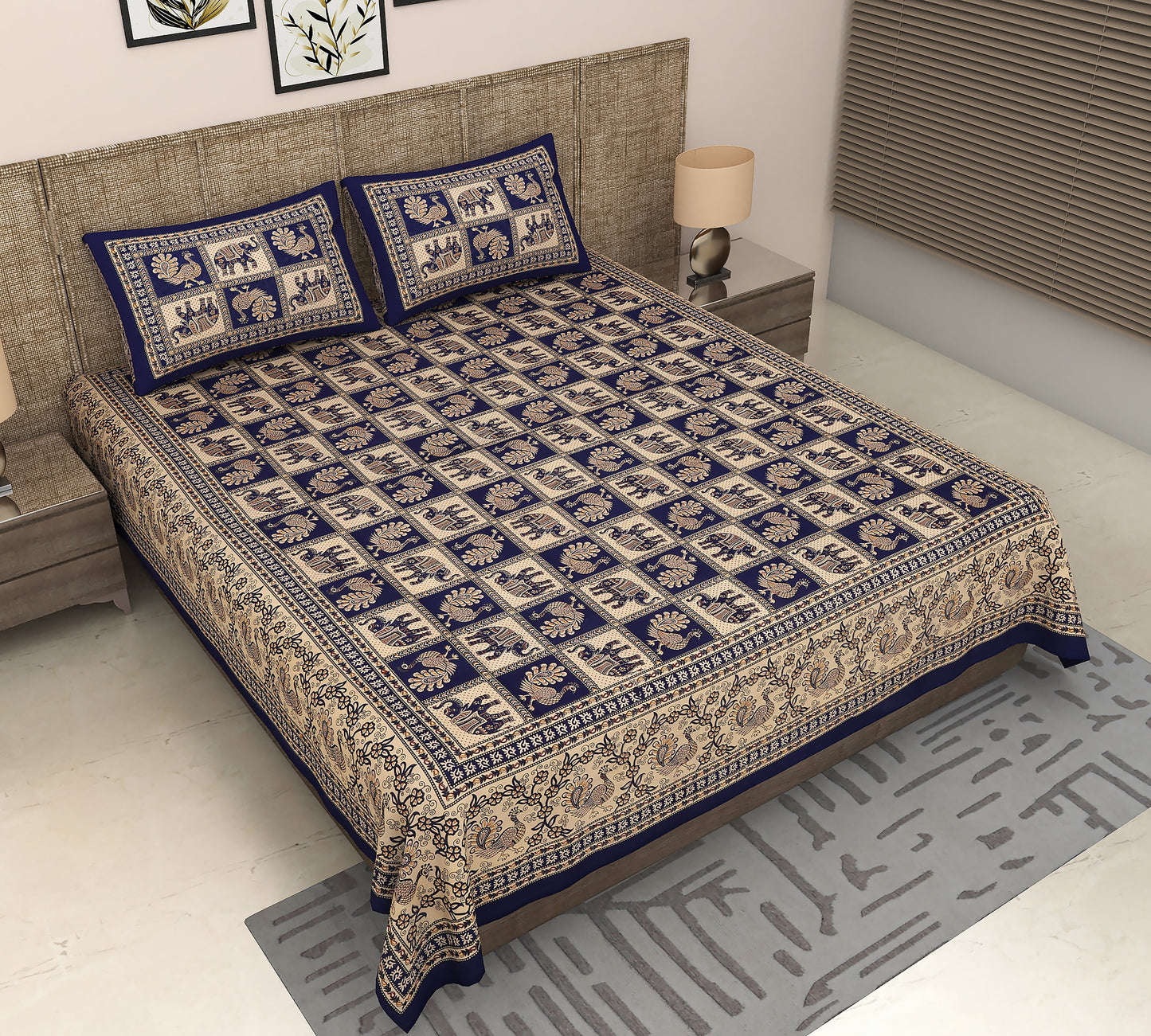 Peacock Parade: Jaipuri Chokda Printed King Size Bedsheet in Majestic Blue