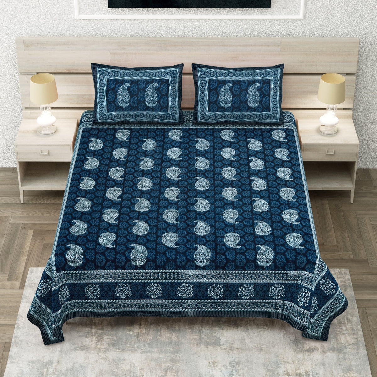 Royal Sanganer Indigo Paisley Kairi Pure Cotton Double Bedsheet 90x108 with 2 Pillow Covers Bedsheet 18S7LhgafreNJYN6HtNy_ixHgFFTsECTS_w2000