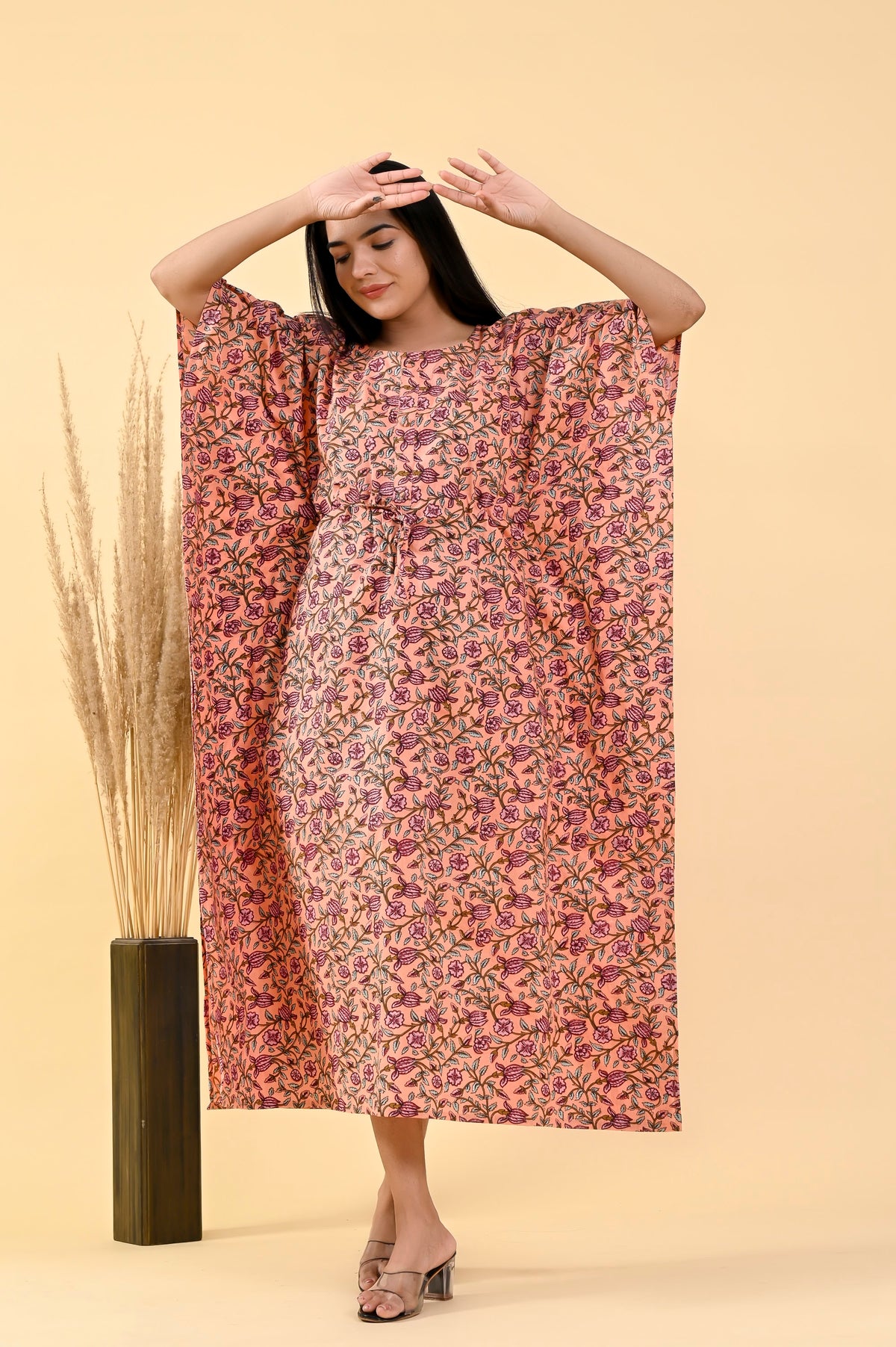 Rust Red Floral long kaftan – make to order wholesale – view 2