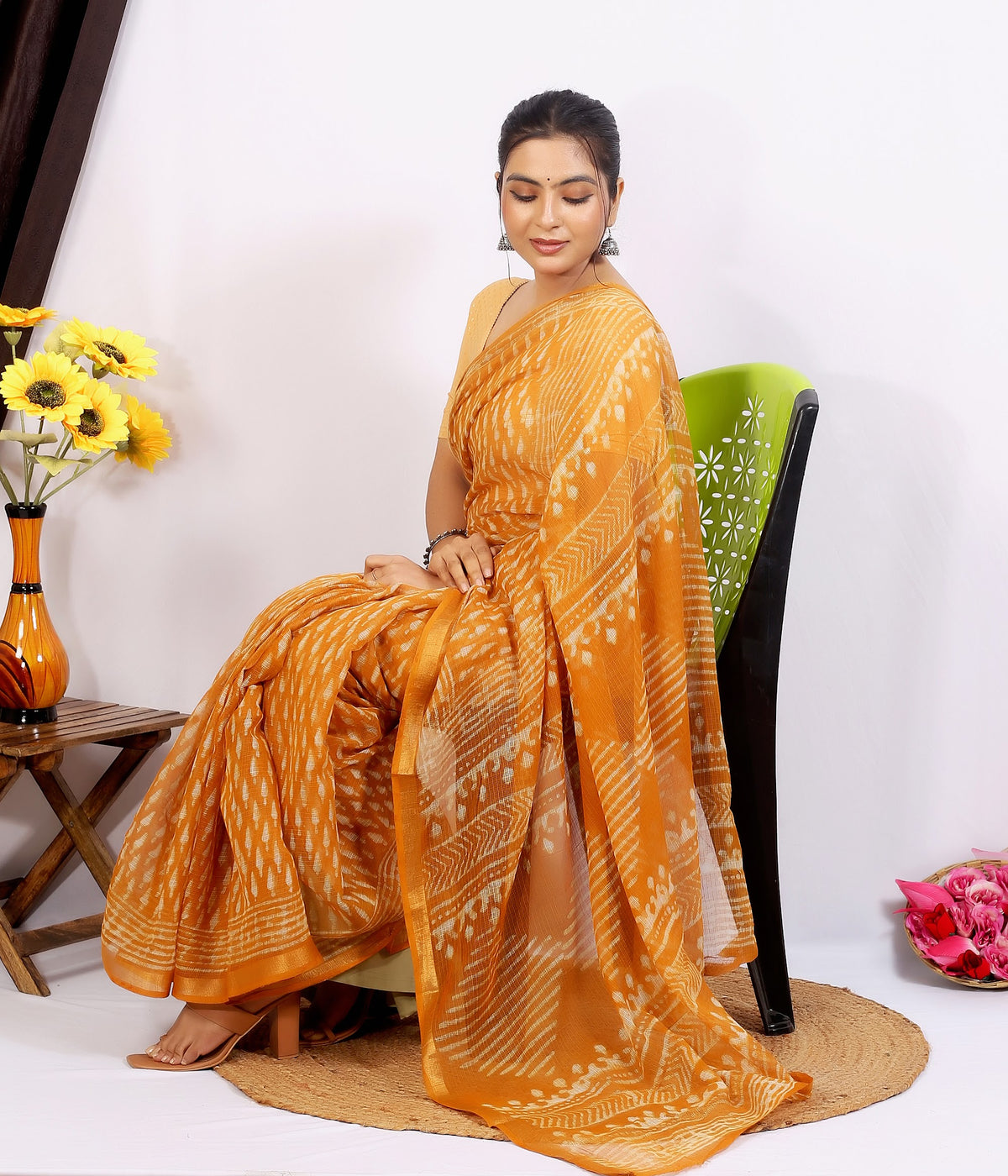 Mustard Bagru Buti Kota Doria bagru hand block print saree with blouse – mustard yellow – wholesale Jaipur – view 3