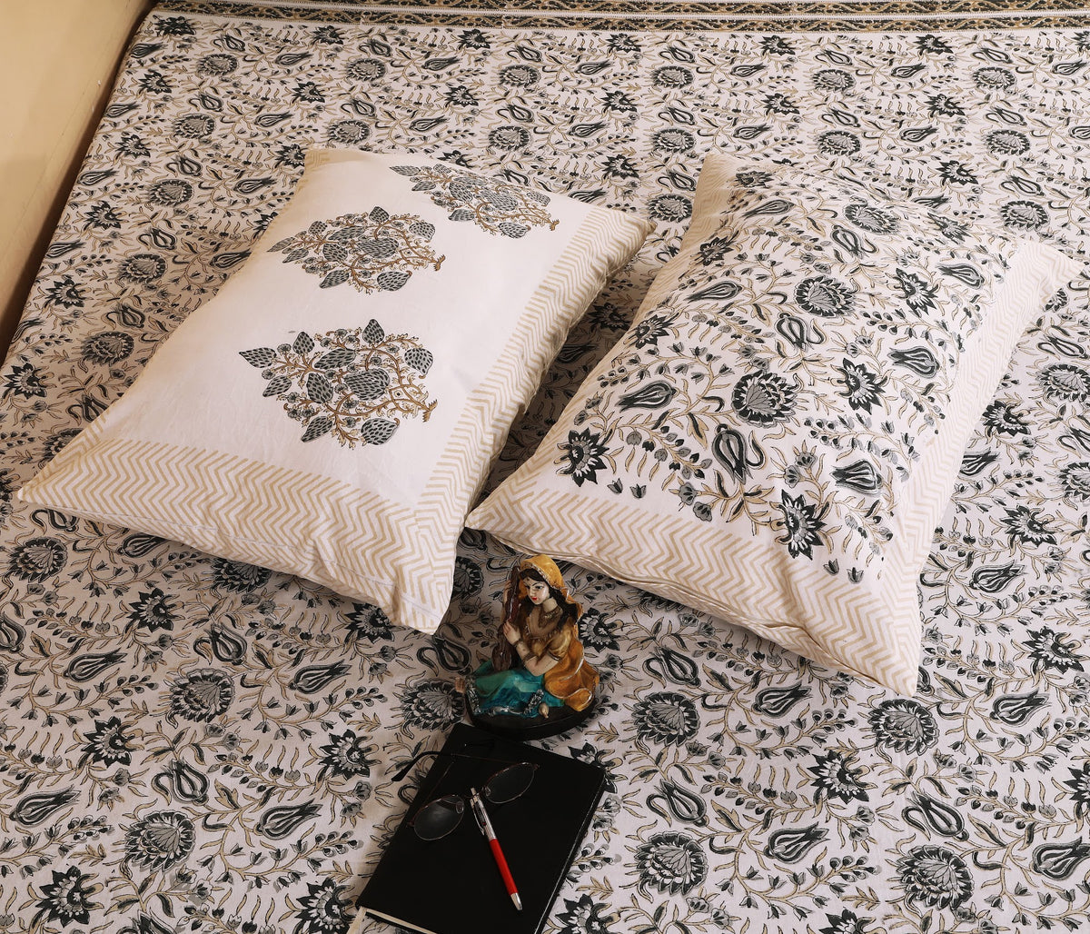 Shyam Jaal hand block printed Murugan cotton double bedsheet 95x108 with 2 pillow covers – charcoal black – wholesale Jaipur – view 2