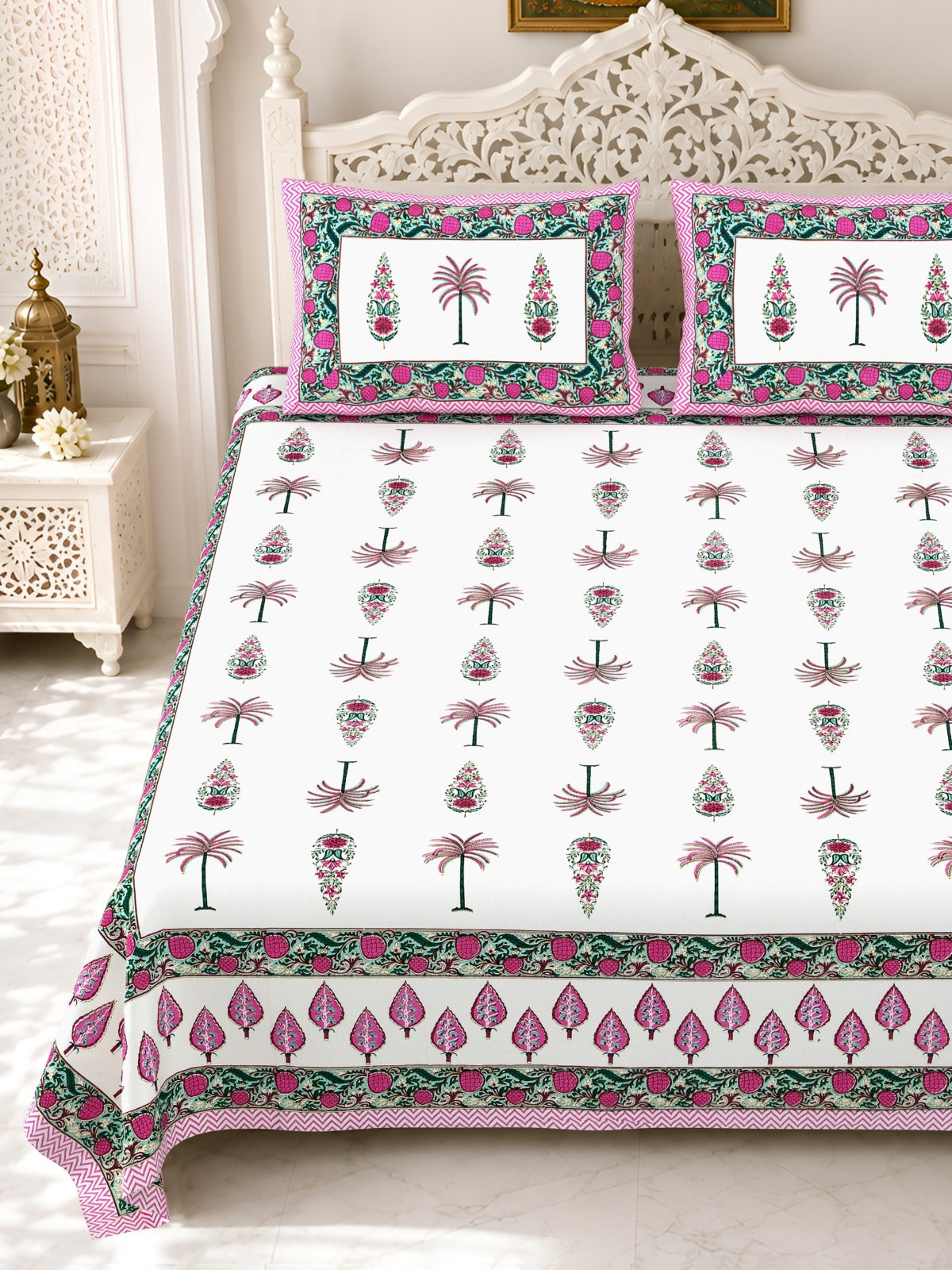 Premium Royal Block Pink Palm Tree Cotton Double Bedsheet 90x108 with 2 Pillow Covers Bedsheet 18w0GQom6q2rIUWVrayX_GrCk_cuuNpop_w2000