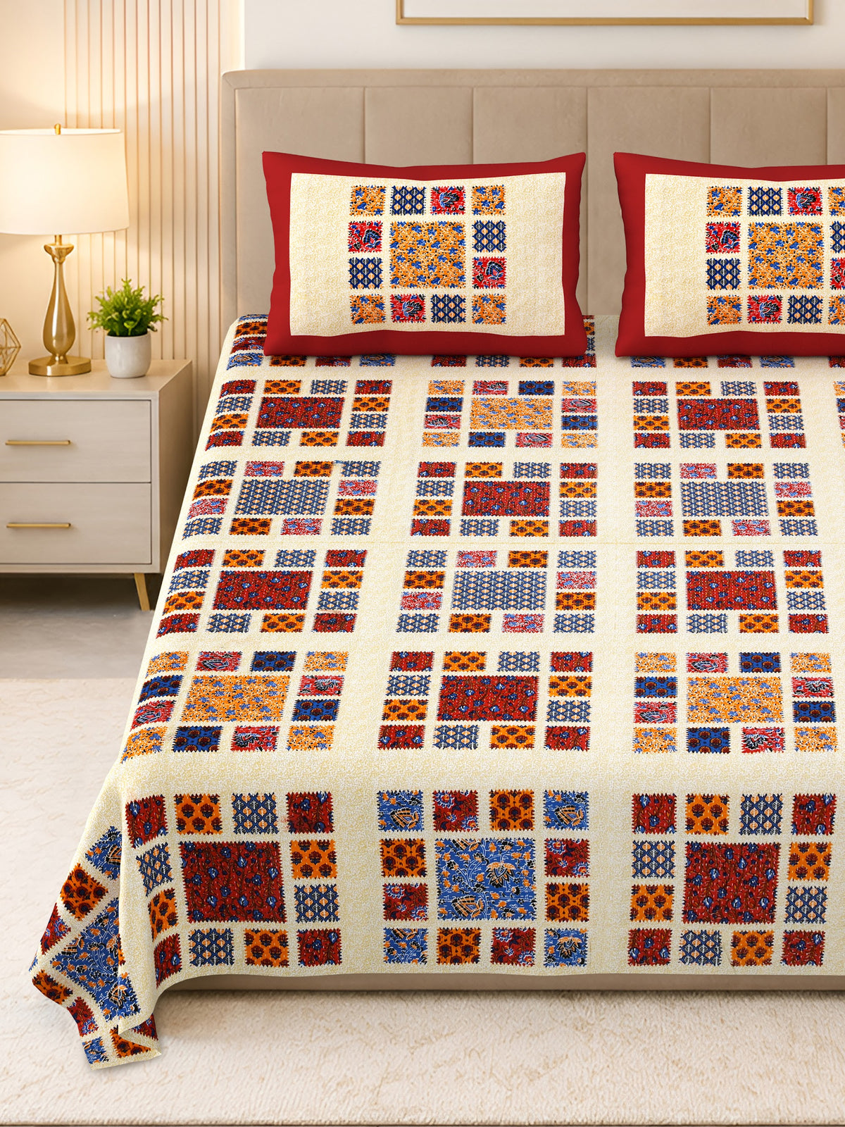 Kalashree Maroon Patchwork Check premium cotton double bedsheet 100x108 with 2 pillow covers – maroon and multicolour – wholesale Jaipur – view 5