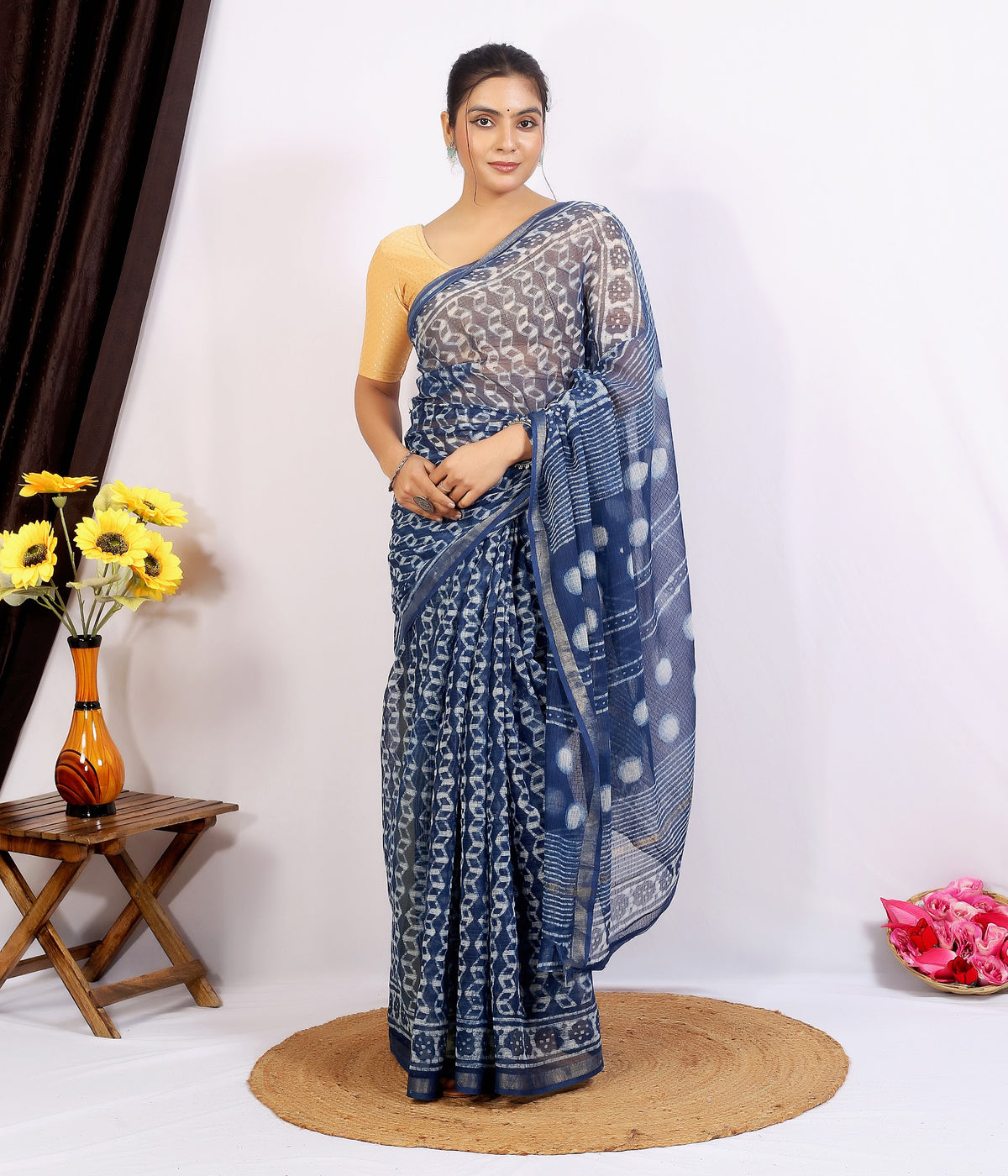Indigo Polka Dabu Kota Doria Hand Block Print Saree with Blouse Saree 19SMVslI9ge-TvlaXEGV_VVeW_cawTK-D_w2000