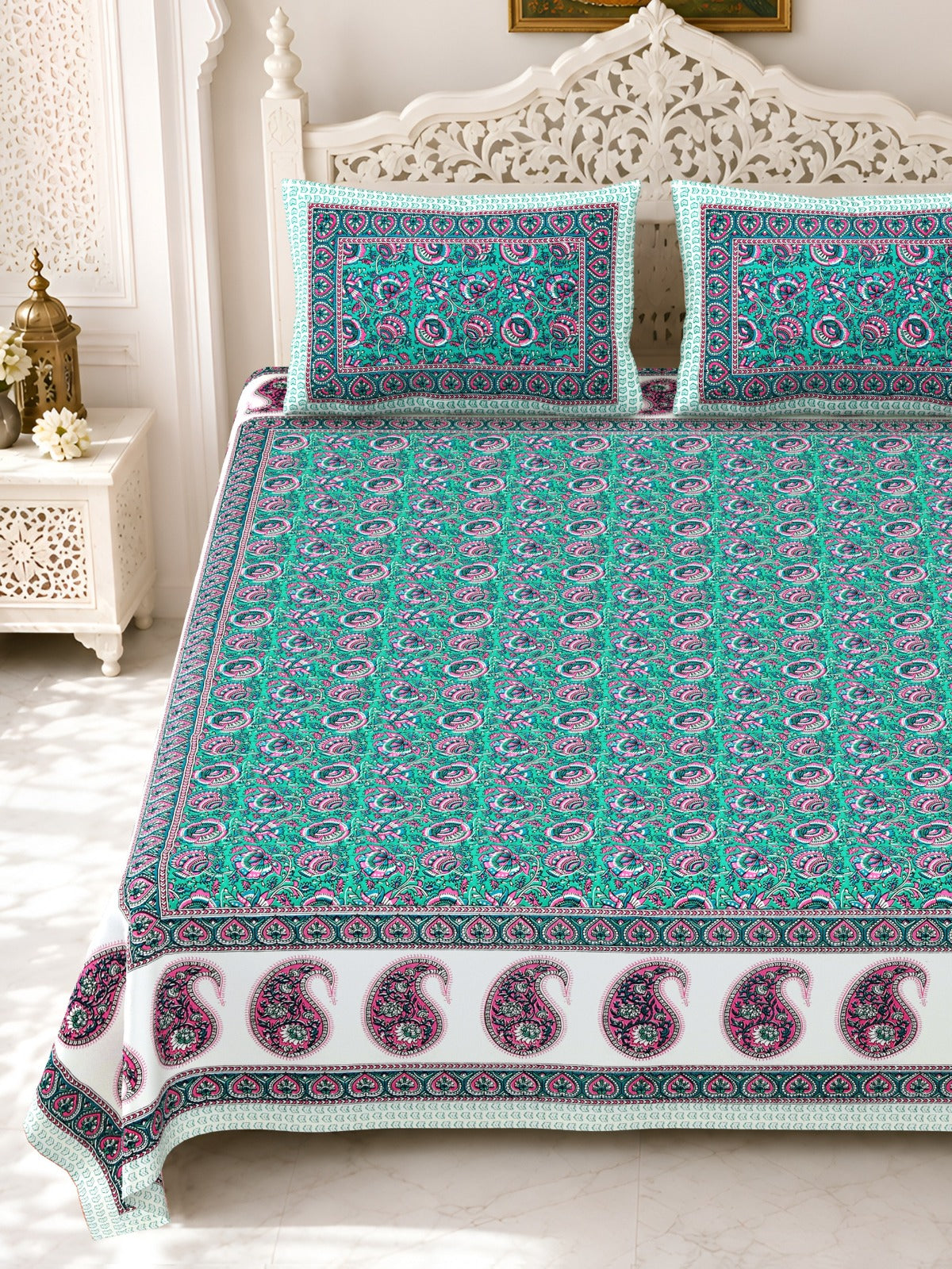 Premium Royal Block Aqua Paisley Border Cotton Double Bedsheet 90x108 with 2 Pillow Covers Bedsheet 19bWlKu1w6q6sKPJd7uPjUKJV3VJtrmyp_w2000