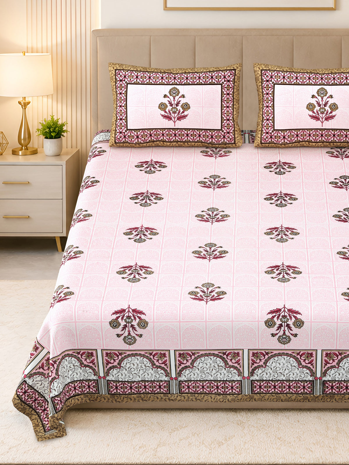 Kalashree Pink Mughal Panel premium cotton double bedsheet 100x108 with 2 pillow covers – pink and brown – wholesale Jaipur – view 5