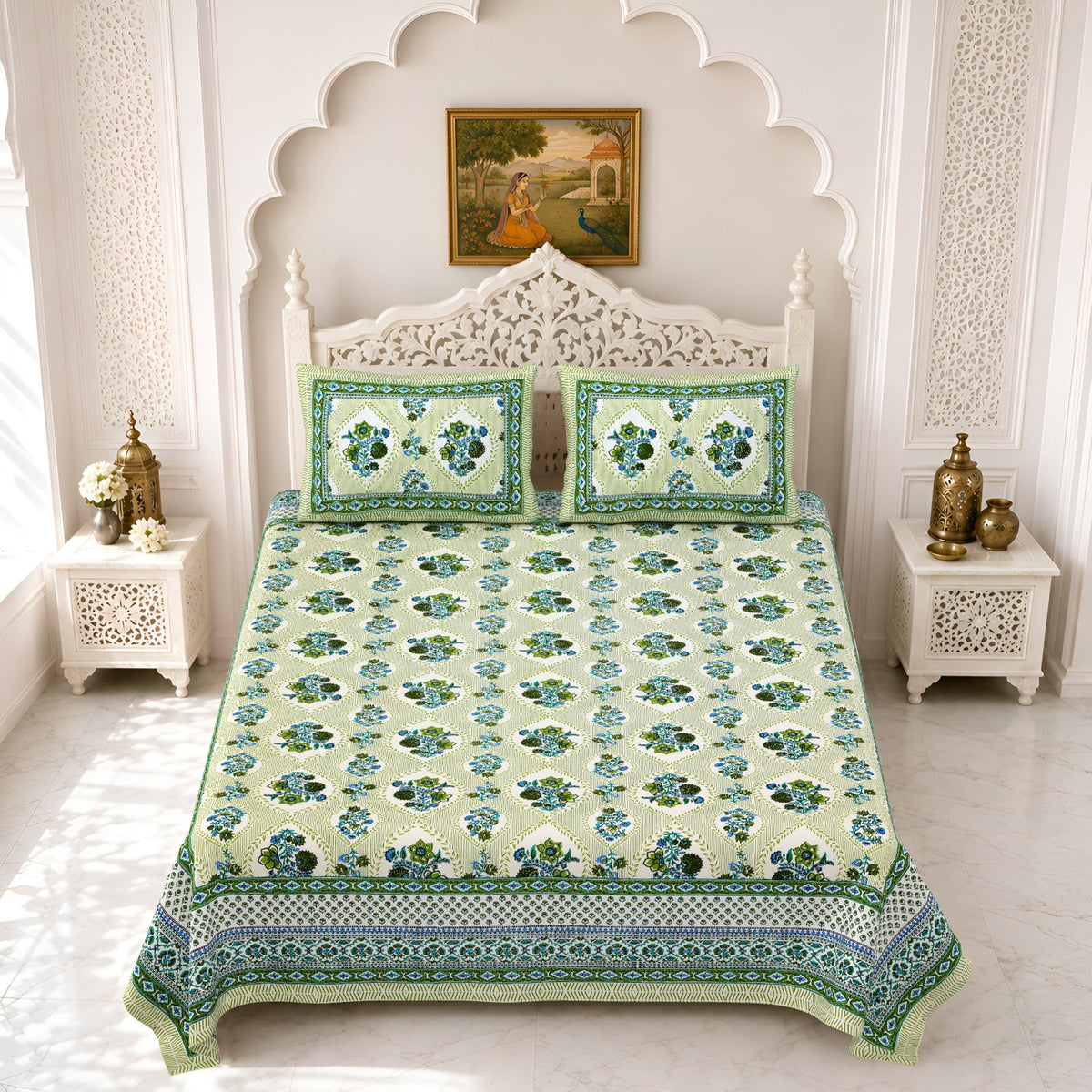 Premium Royal Block Green Floral Buta Cotton Double Bedsheet 90x108 with 2 Pillow Covers Bedsheet 1ALKeej74KndmSJf8vswvysT369xx9Bxe_w2000