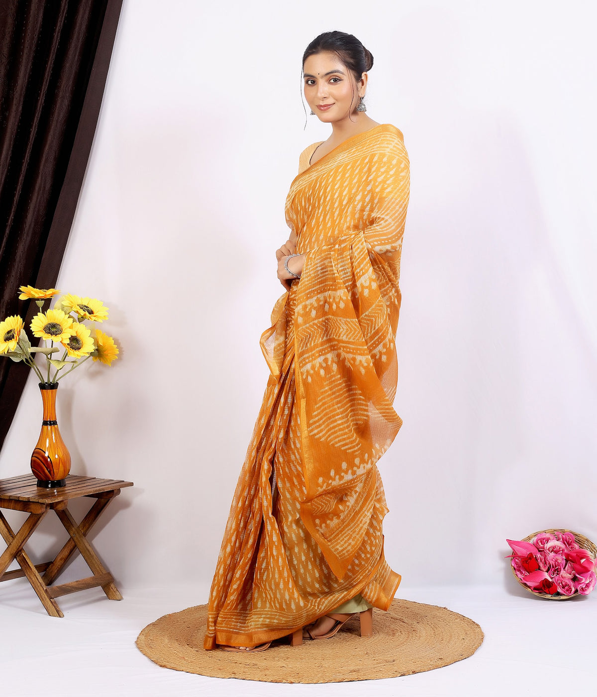 Mustard Bagru Buti Kota Doria bagru hand block print saree with blouse – mustard yellow – wholesale Jaipur – view 7