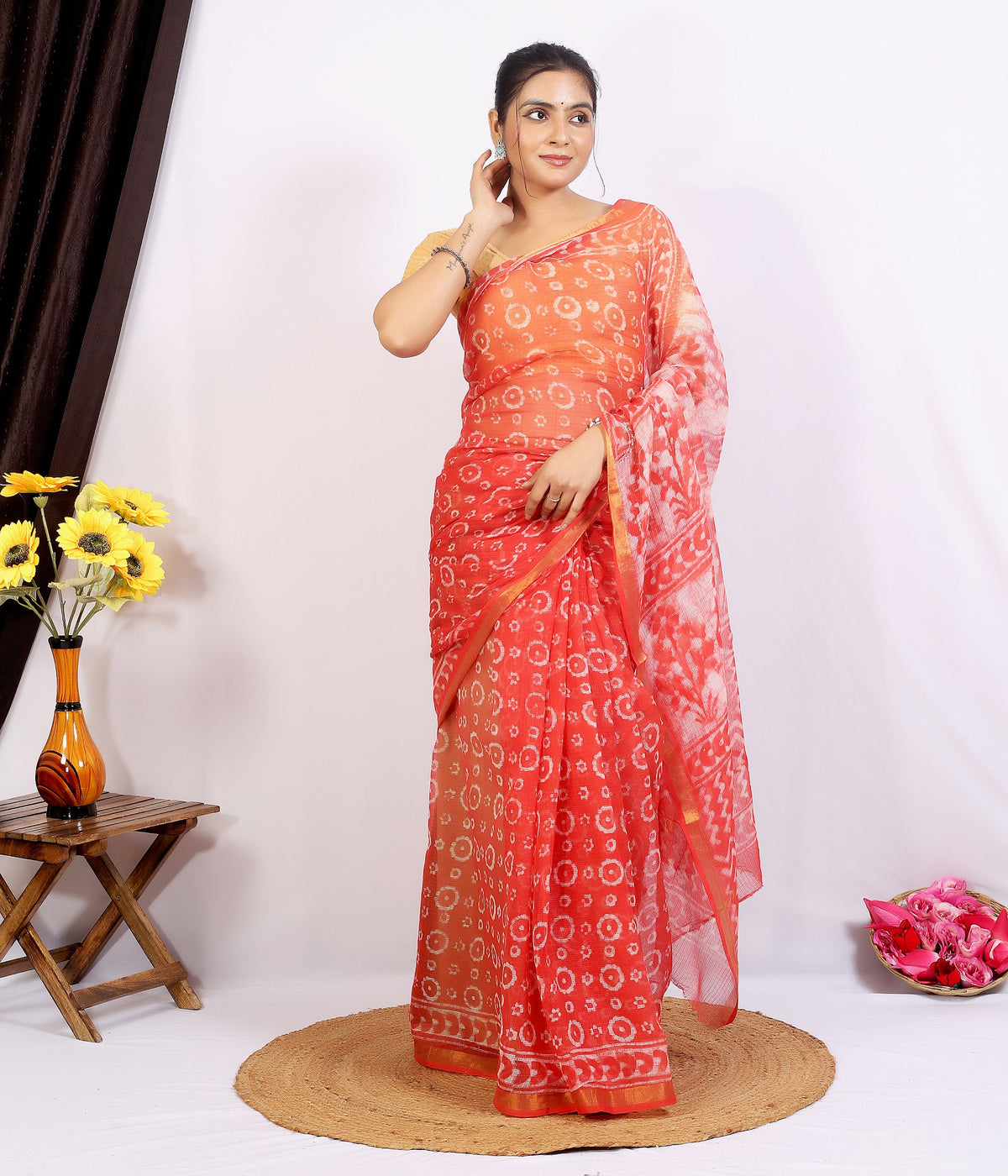 Orange Coral Jaal Kota Doria bagru hand block print saree with blouse – orange coral – wholesale Jaipur
