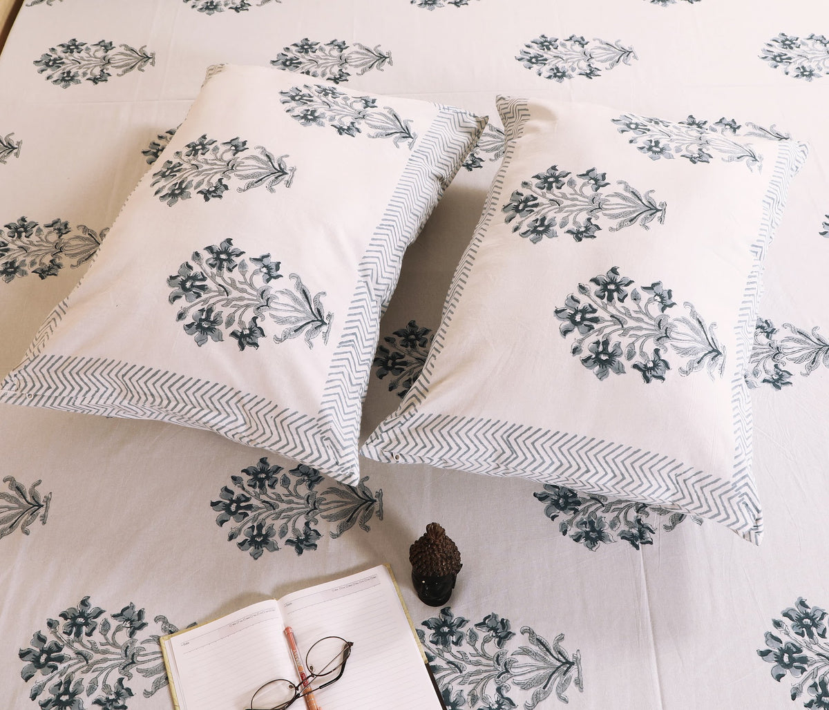 Neel Guldasta hand block printed Murugan cotton double bedsheet 95x108 with 2 pillow covers – blue grey – wholesale Jaipur – view 3