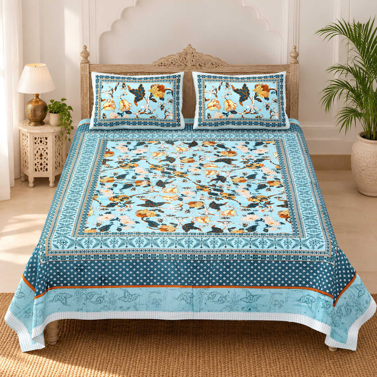 Sky Blue Bird Floral pure cotton double bedsheet 90x108 – Unnati collection
